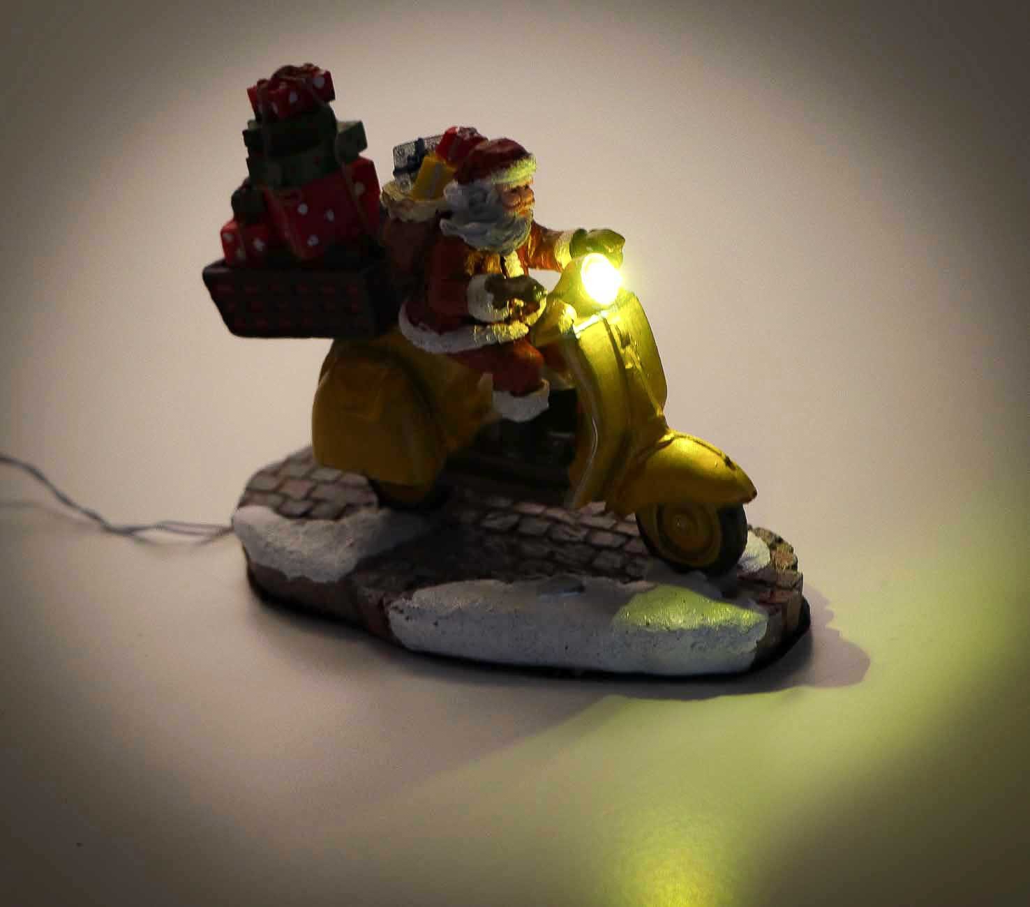 LuVille Weihnachtsfigur Retro-Weihnachtsmann mit Geschenken auf Motorroller (handbemalte freistehende Weihnachtsfigur), Weihnachtsfigur