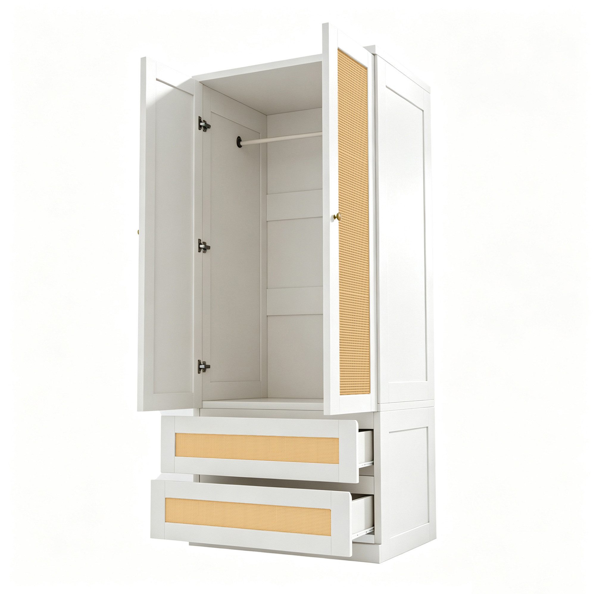MODFU Kleiderschrank Schrank 70x55x170 cm mit Doppeltüren, Mehrzweckschrank (Rattanstruktur-Türen und vielseitigem Stauraum, moderner Garderobenschrank mit Schubladen) für Kleidung und Accessoires