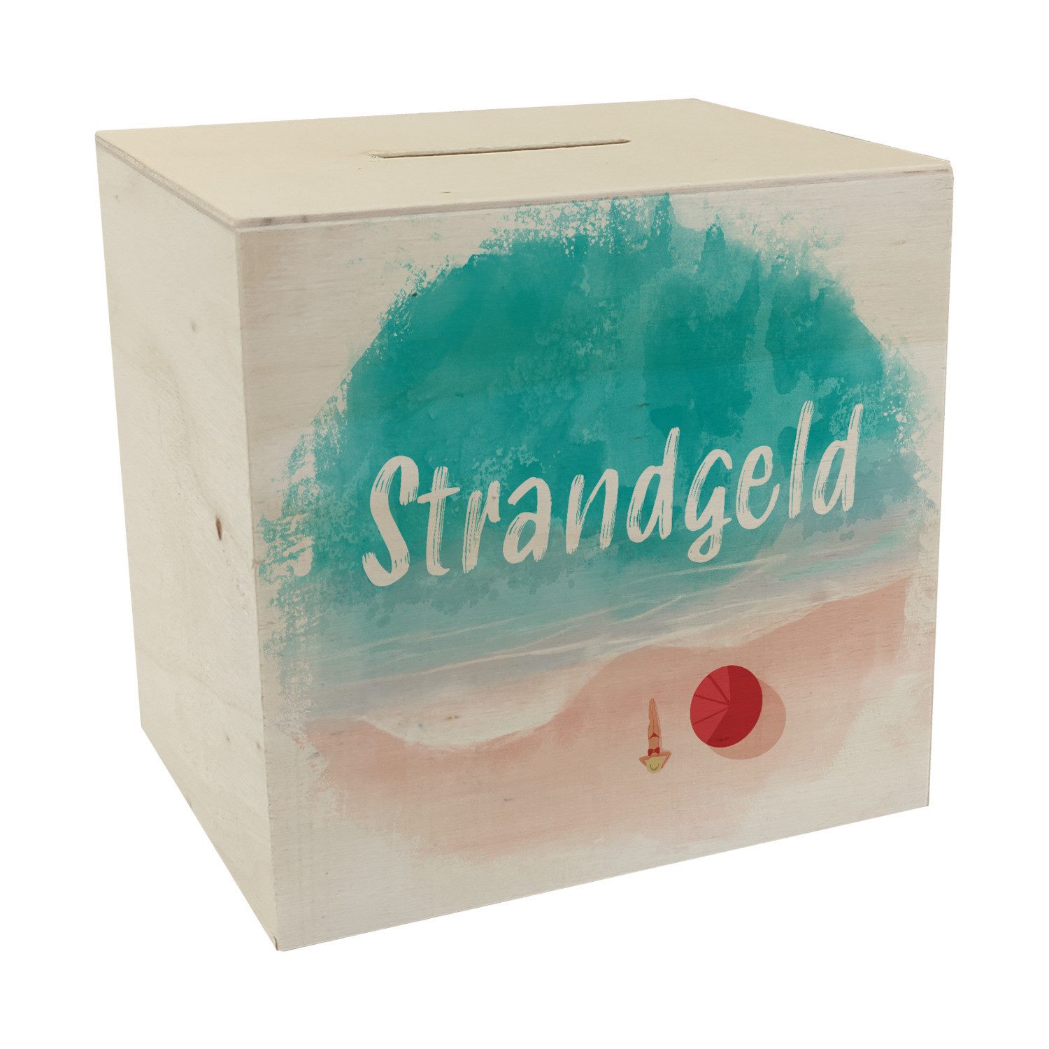 Spardose Spardose aus Holz mit Strand Motiv und Text Meer Strandgeld