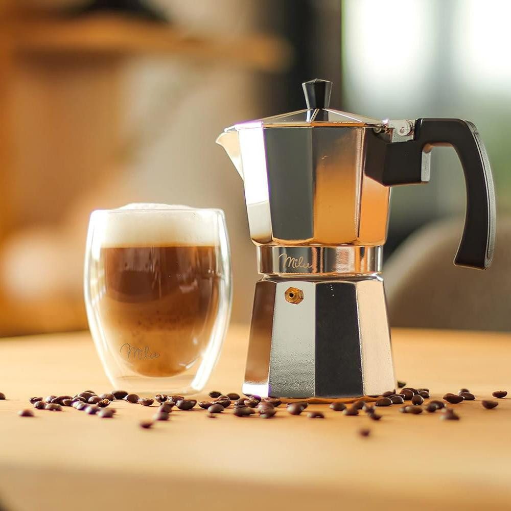 Milu Espressokocher, Aluminium klassisch 2 Tassen, 100 ml, 5-tlg. Set