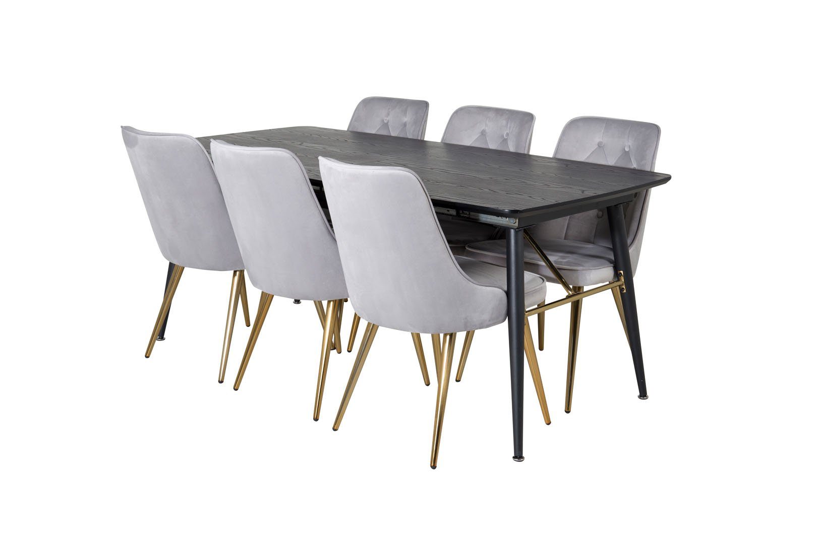 ebuy24 Essgruppe Gold Essgruppe schwarz;hellgrau;Messingdekor Tisch Esstisch Lä, ausziehbarer (7-tlg)