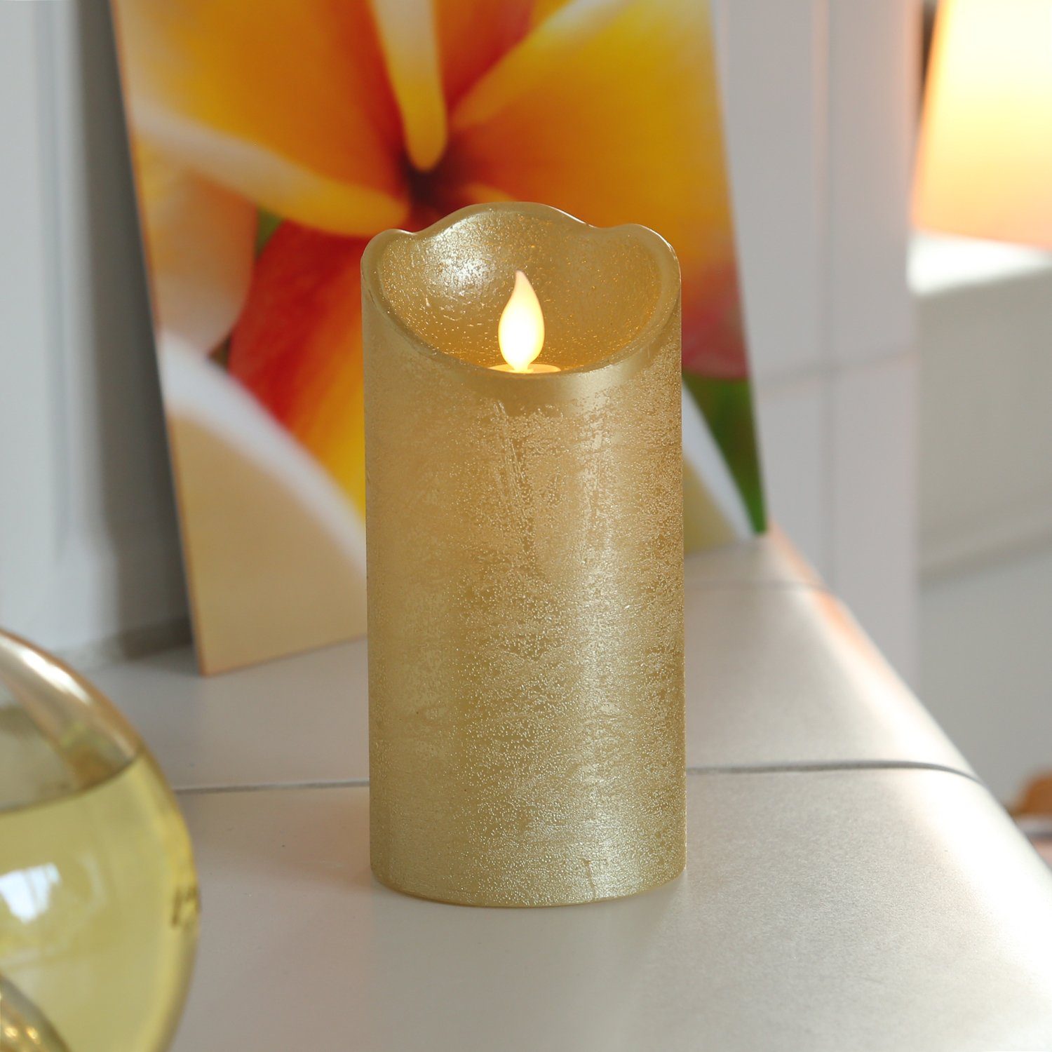 MARELIDA LED-Kerze Stumpenkerze TWINKLE Echtwachs bewegliche Flamme H: 15cm Timer gold