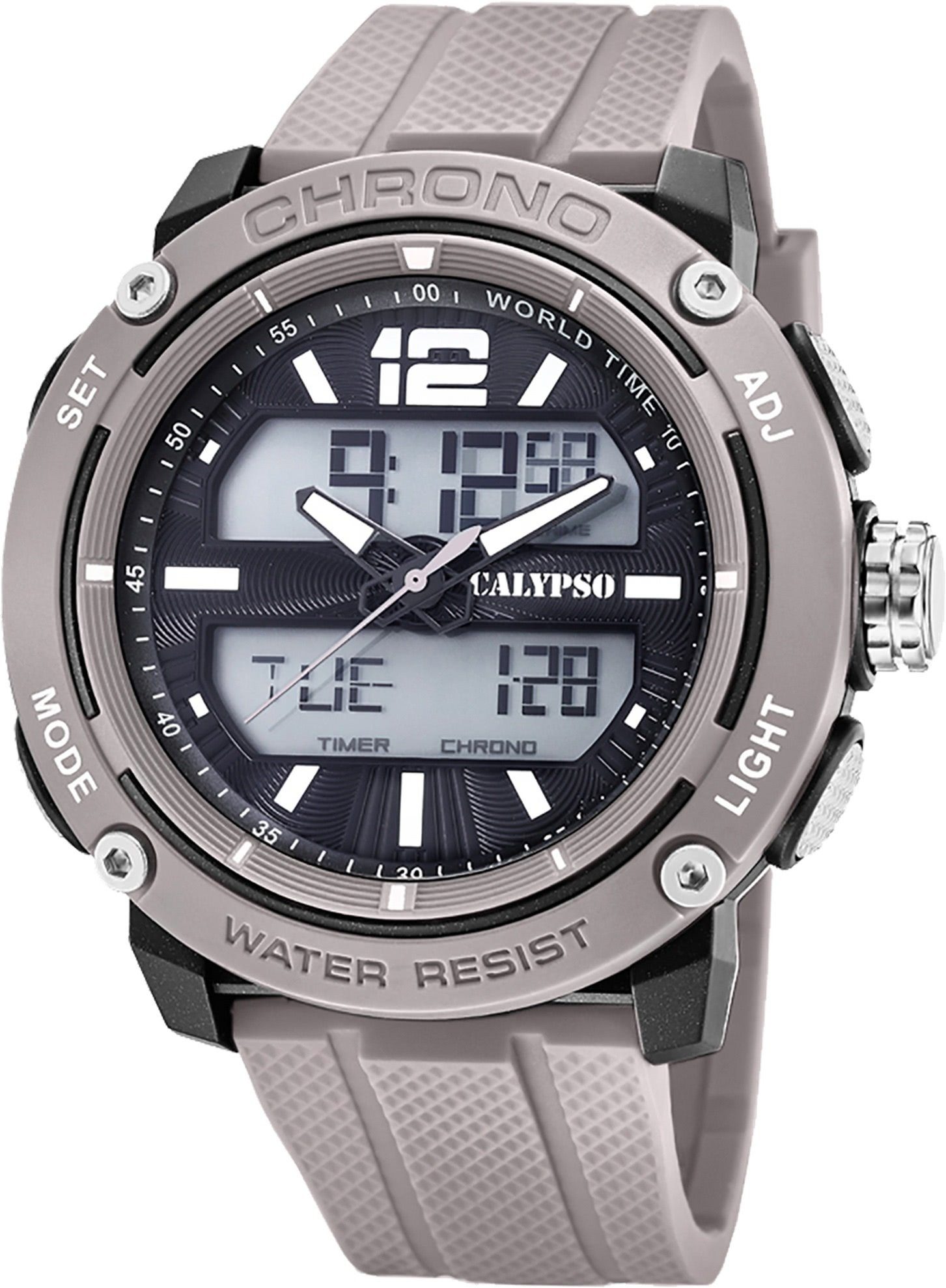 Analog-Digital, Digitaluhr CALYPSO Calypso WATCHES Outdoor rund, Armbanduhr grau, Herren Uhr Herren Kunststoffarmband