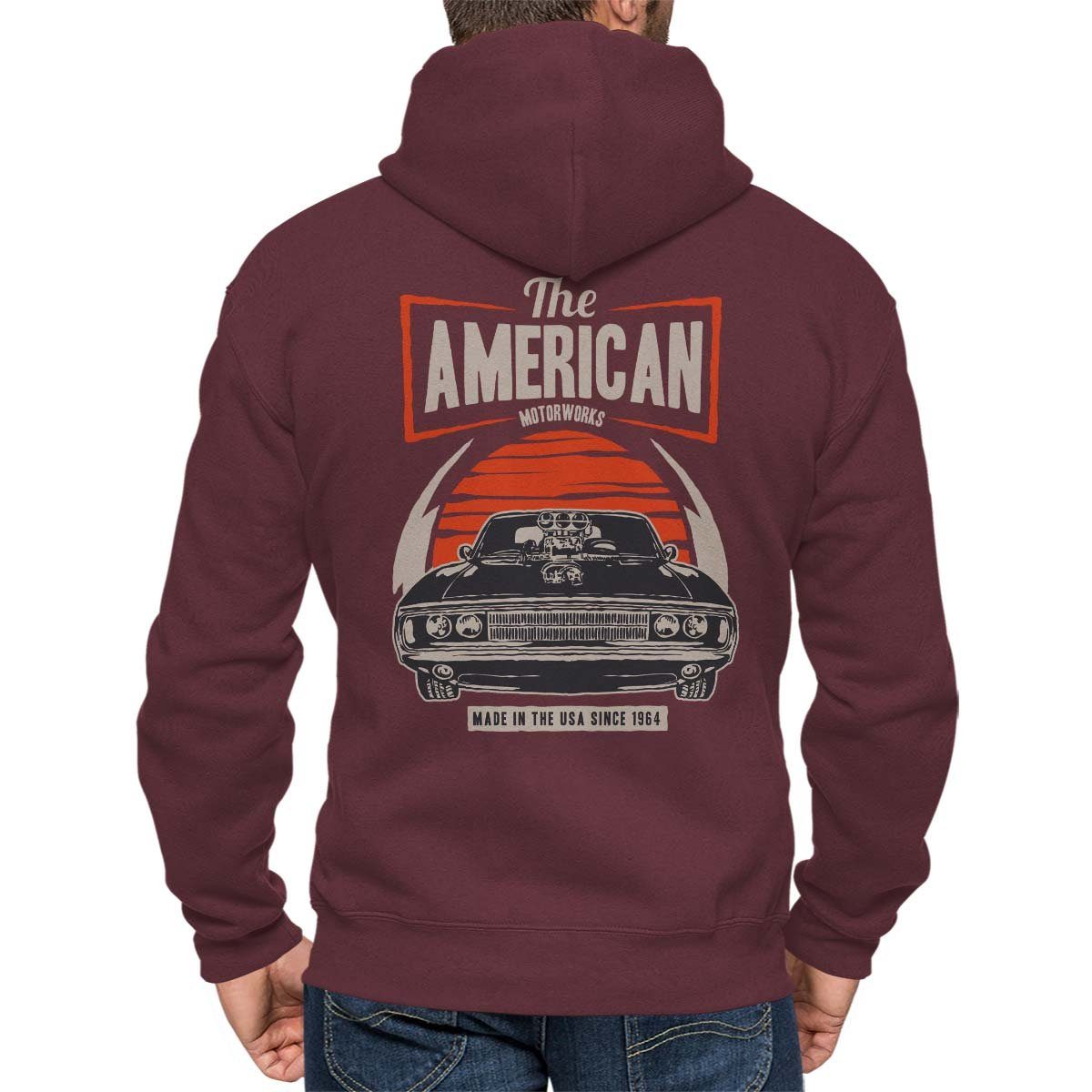 Rebel On Wheels Kapuzensweatjacke Kapuzenjacke Zip Hoodie The American mit Auto / US-Car Motiv Dunkel Rot