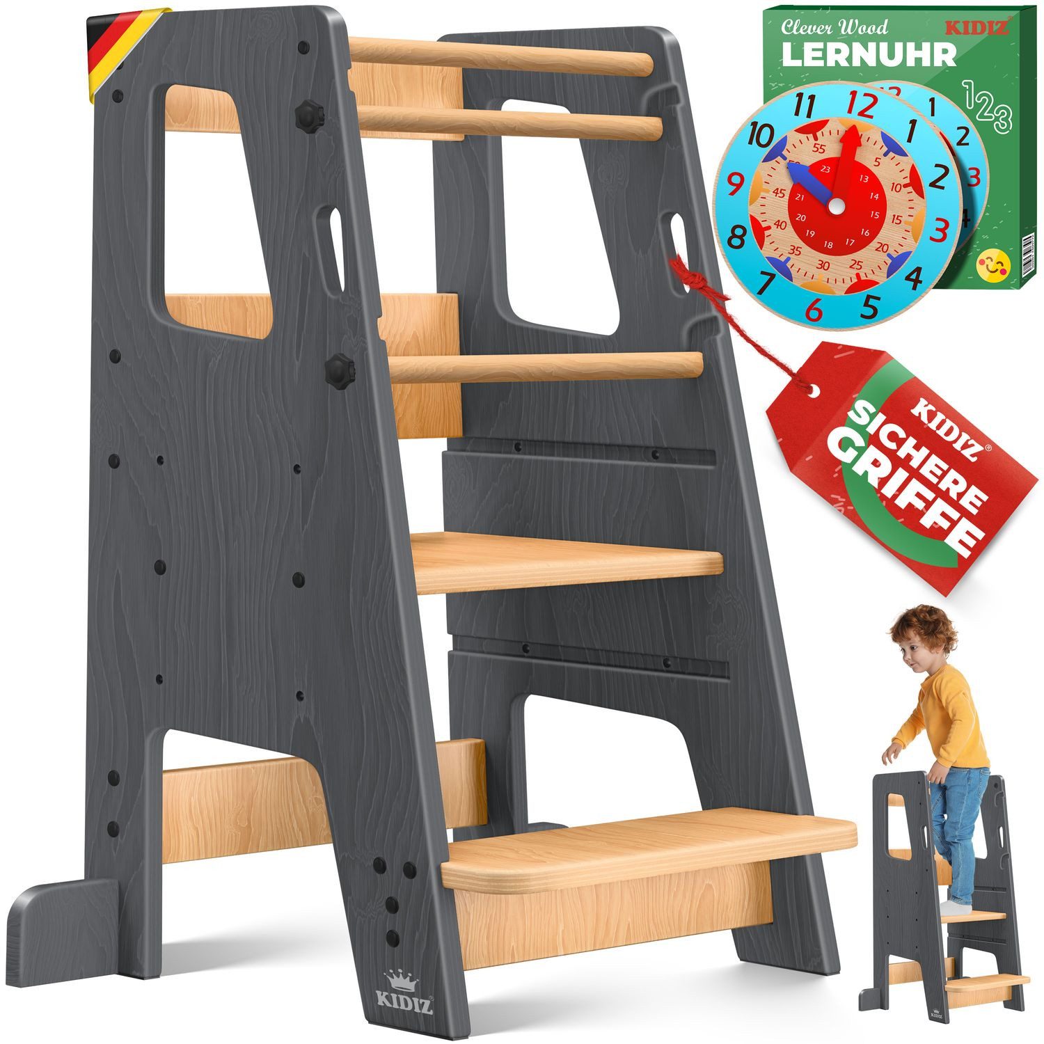 KIDIZ Stehhilfe Montessori Lernturm aus Kiefernholz ab 1 Jahr & bis 50 kg belastbar (Tritthocker inklusive Lernuhr & abnehmbarer Anti-Kipp-Schutz), 3-stufig Höhenverstellbar, spielerisch motorische Fähigkeiten fördern