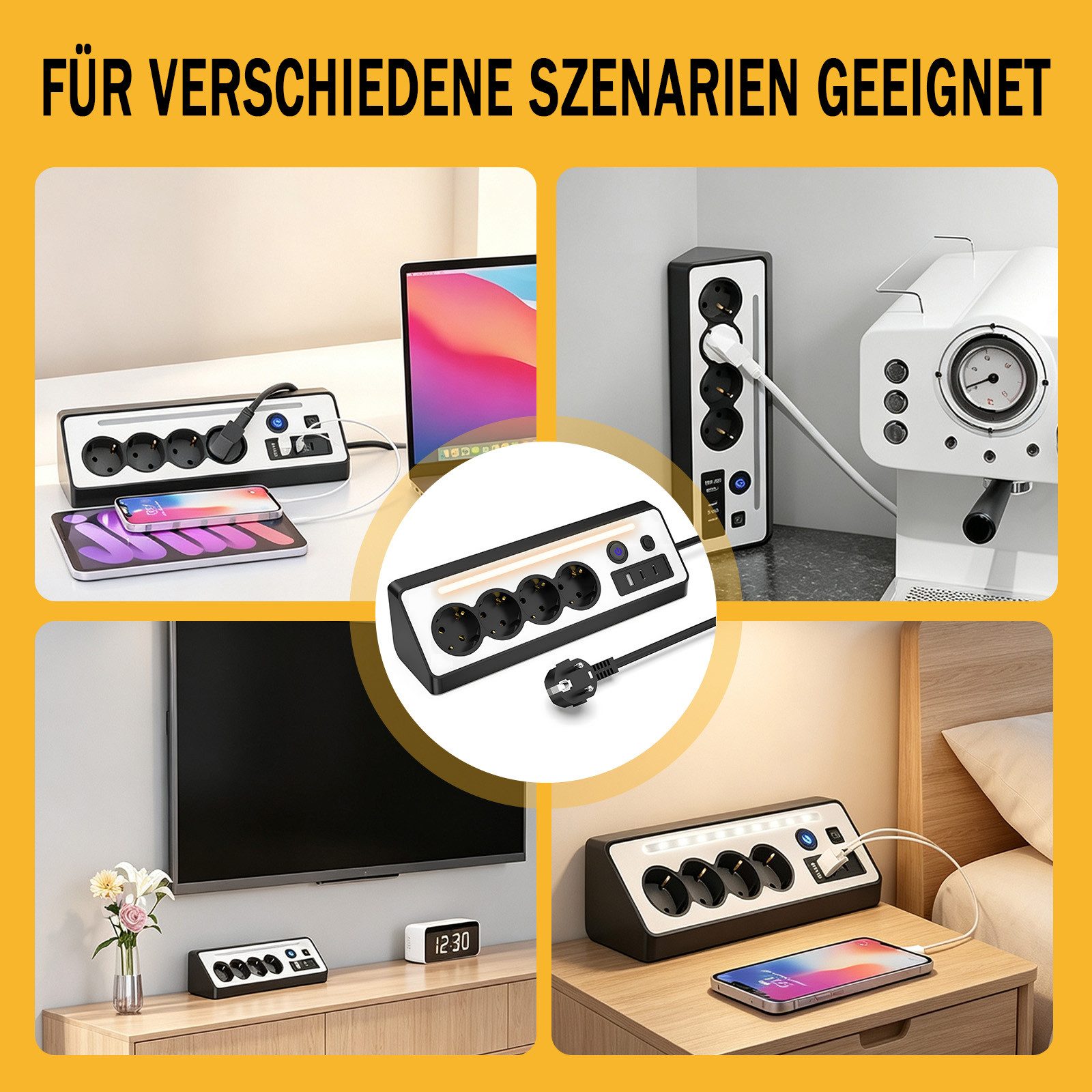 AKKEE Tischsteckdosenleiste, Eck-Steckdosenleiste Mehrfachsteckdose, 4 Fach Mehrfachsteckdose mit USB und 2 Type-C