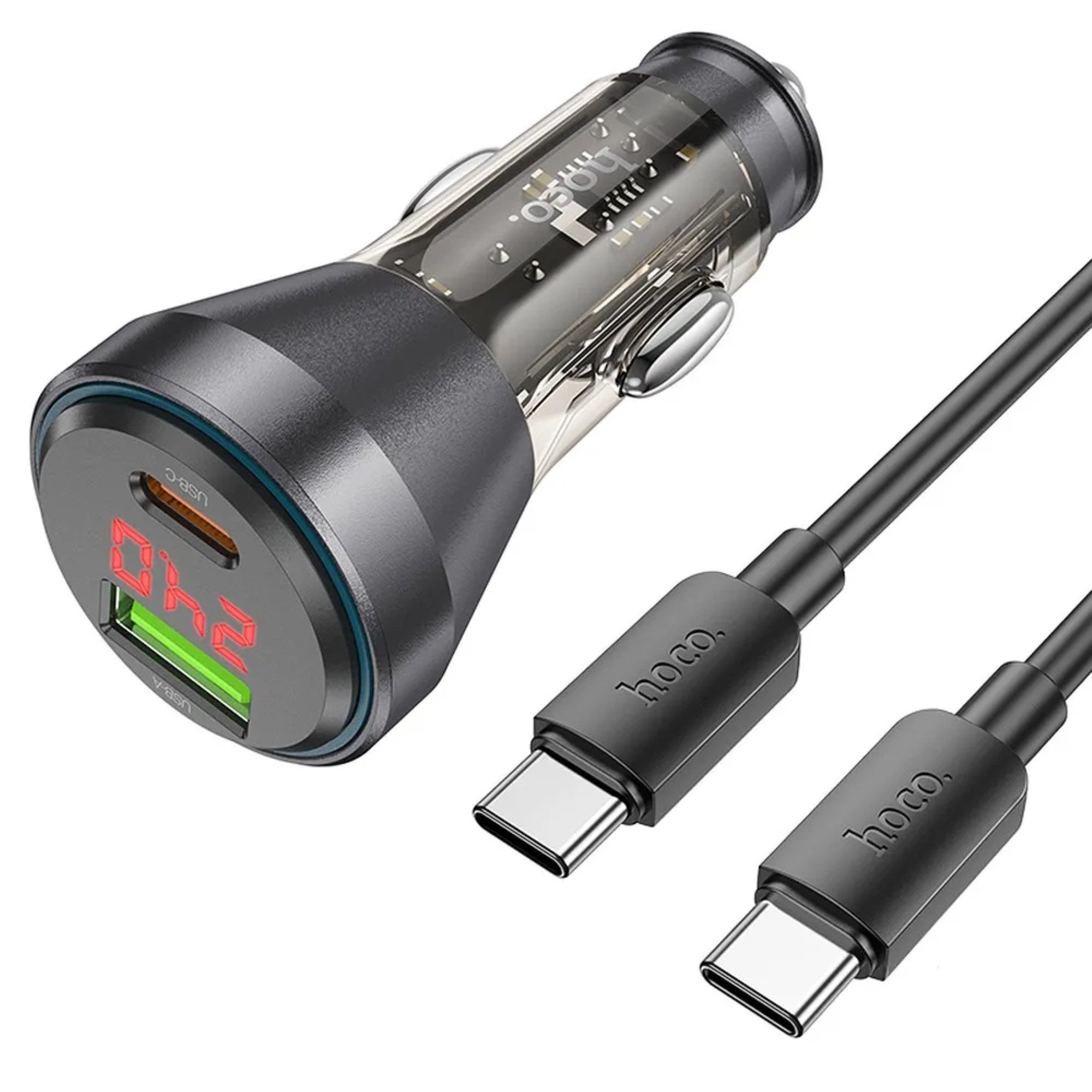 Autoladegerät USB QC 18W + Typ C 30W + Kabel Typ C auf Typ C PD48W Smartphone-Ladegerät
