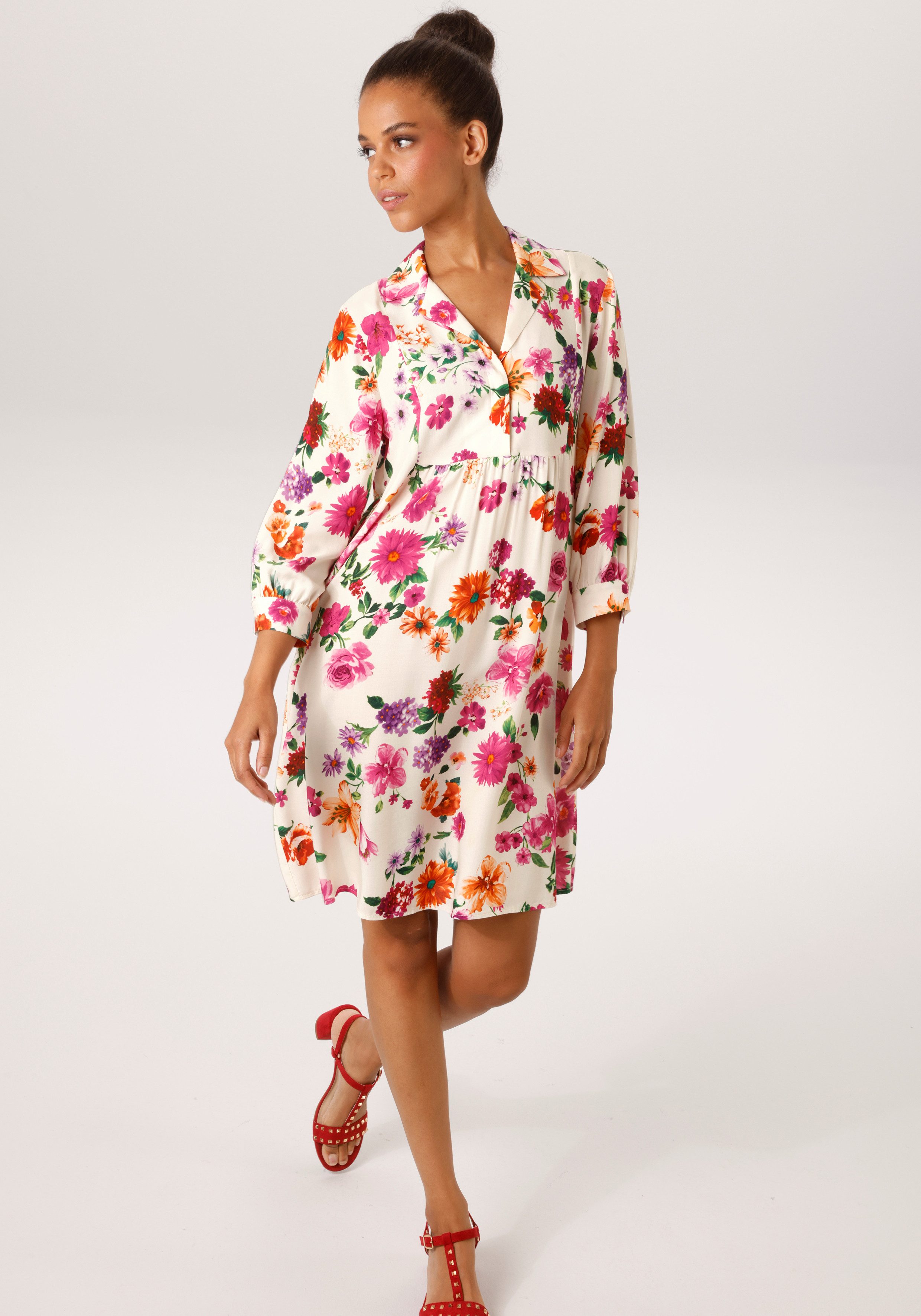 Aniston CASUAL Hemdblusenkleid mit romantischen Blumendruck - jedes Teil ein Unikat - NEUE KOLLEKTION