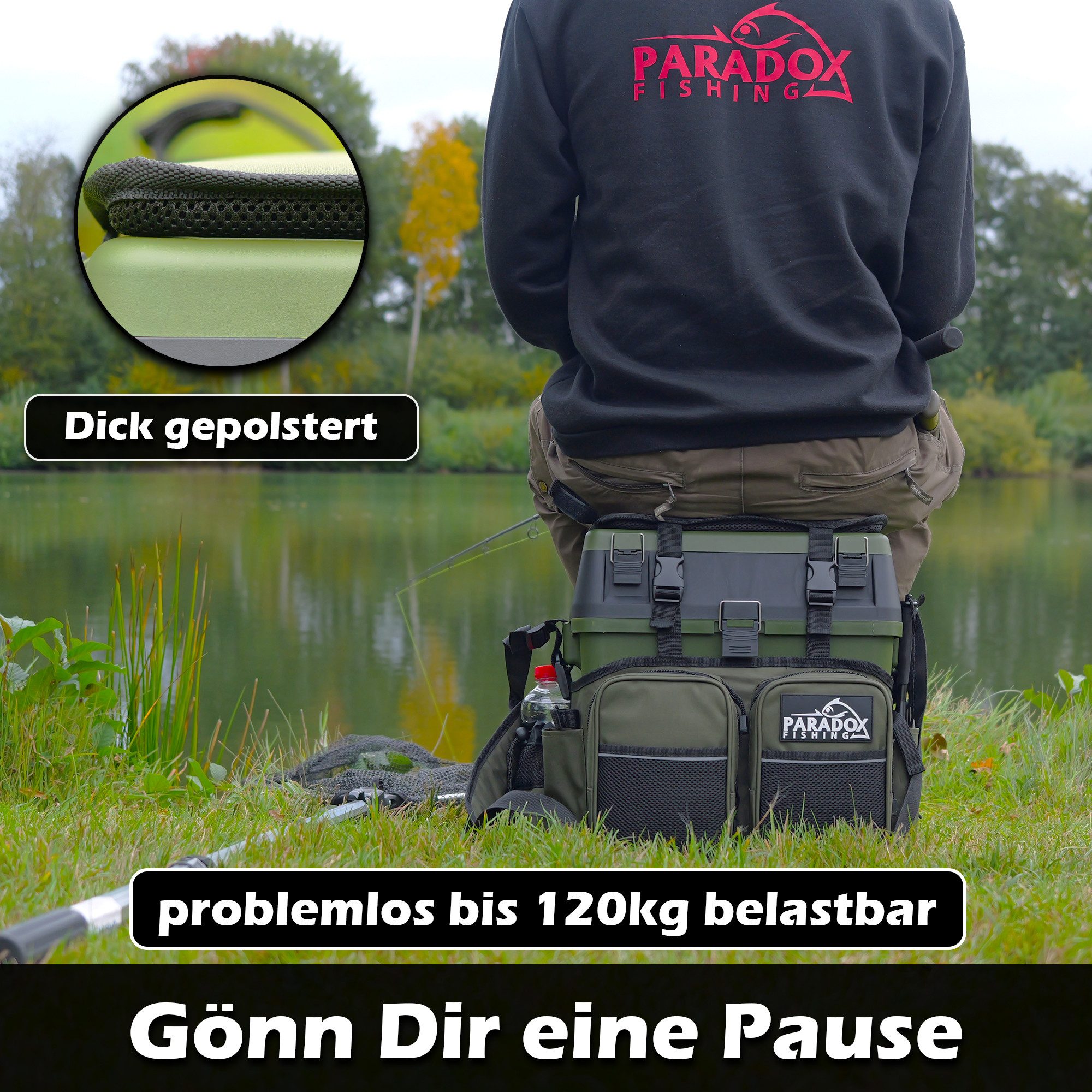 Paradox Fishing Angelrucksack 3-in-1 Multifunktions-Sitzkiepe mit 4 Boxen im Deckel (1-tlg), Zangenhalterung