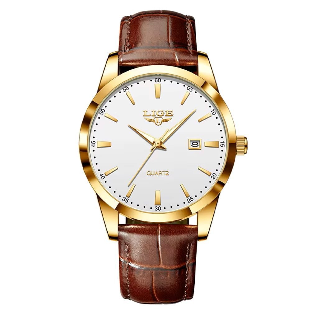 Lige Quarzuhr Lige 89143 Herrenuhr Quarz Zifferblatt Weiß Lederarmband 89143