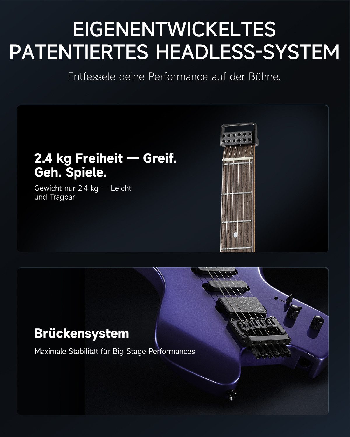 Donner E-Gitarre Headless Reisegitarre HSS Pickups, 2.4kg leicht, inkl. Tasche, HLX-500, Modernes Headless-Design, Ausgewogenes Schwerpunkt, Gitarrentasche, Tragegurt, Plektrum, Kompakt & Leicht, Patentiertes Headless-System