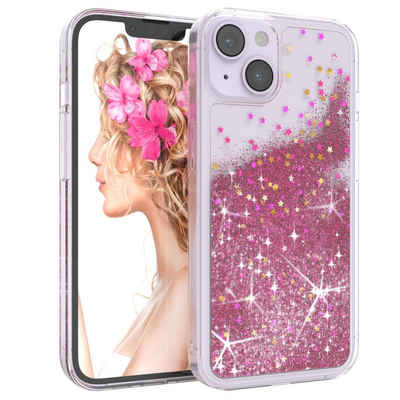 EAZY CASE Handyhülle Liquid Glittery Case für Apple iPhone 14 6,1 Zoll, Glitzerhülle Shiny Slimcover stoßfest Durchsichtig Bumper Case Pink