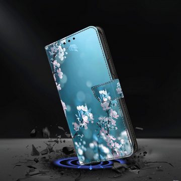 CLM-Tech Handytasche für Samsung Galaxy A54 5G Hülle aus Kunstleder Klapphülle (Pflaumenblüte blau, Handyhülle Wallet Flip Case Cover Etui), Schutzhülle mit Standfunktion, Kartenfächer und Magnetverschluss
