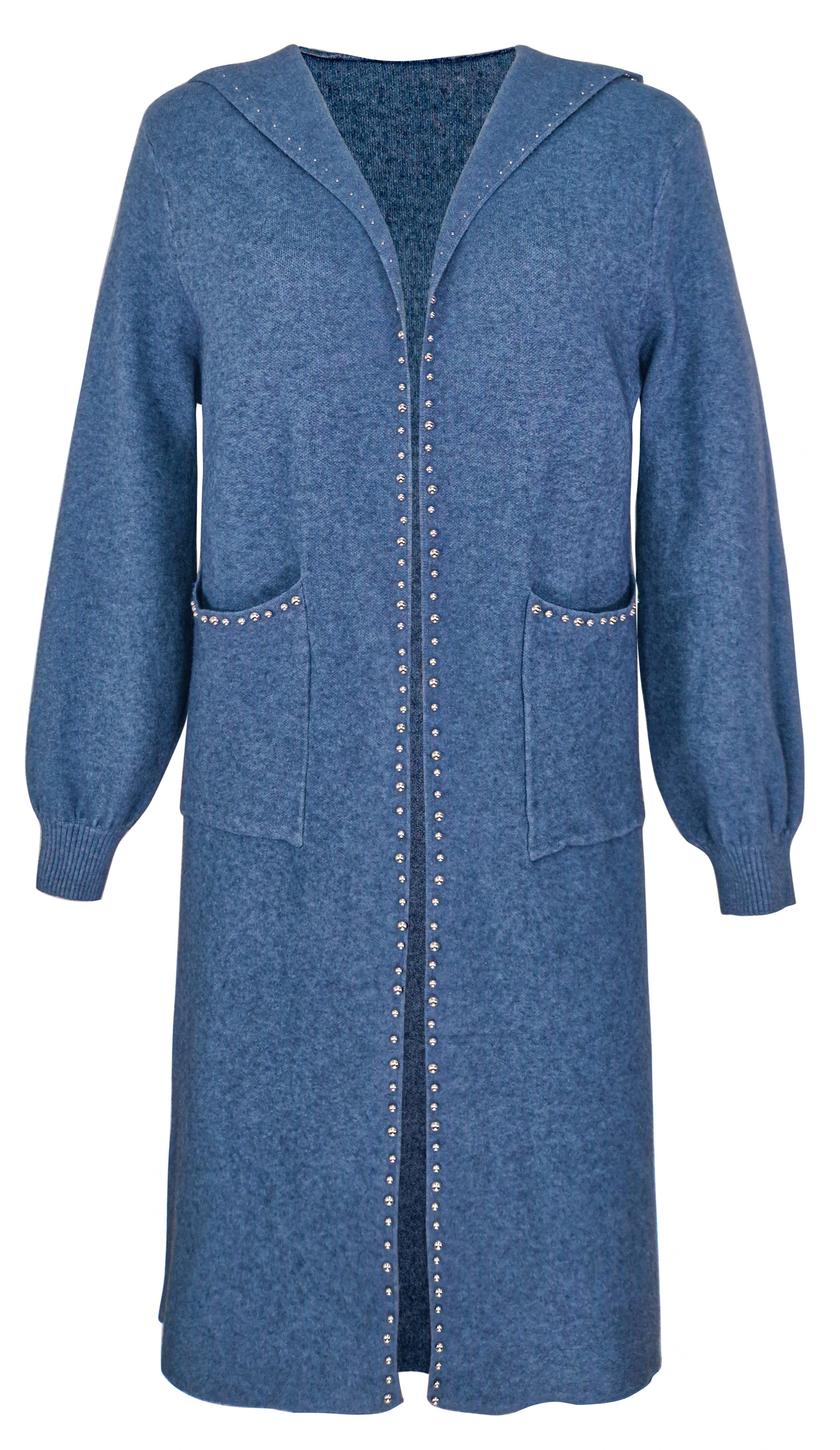 dy_mode Longstrickjacke Damen Strickmantel mit Kapuze Langer Cardigan Offene Strickjacke in Unifarbe, mit Kapuze und Ziernieten