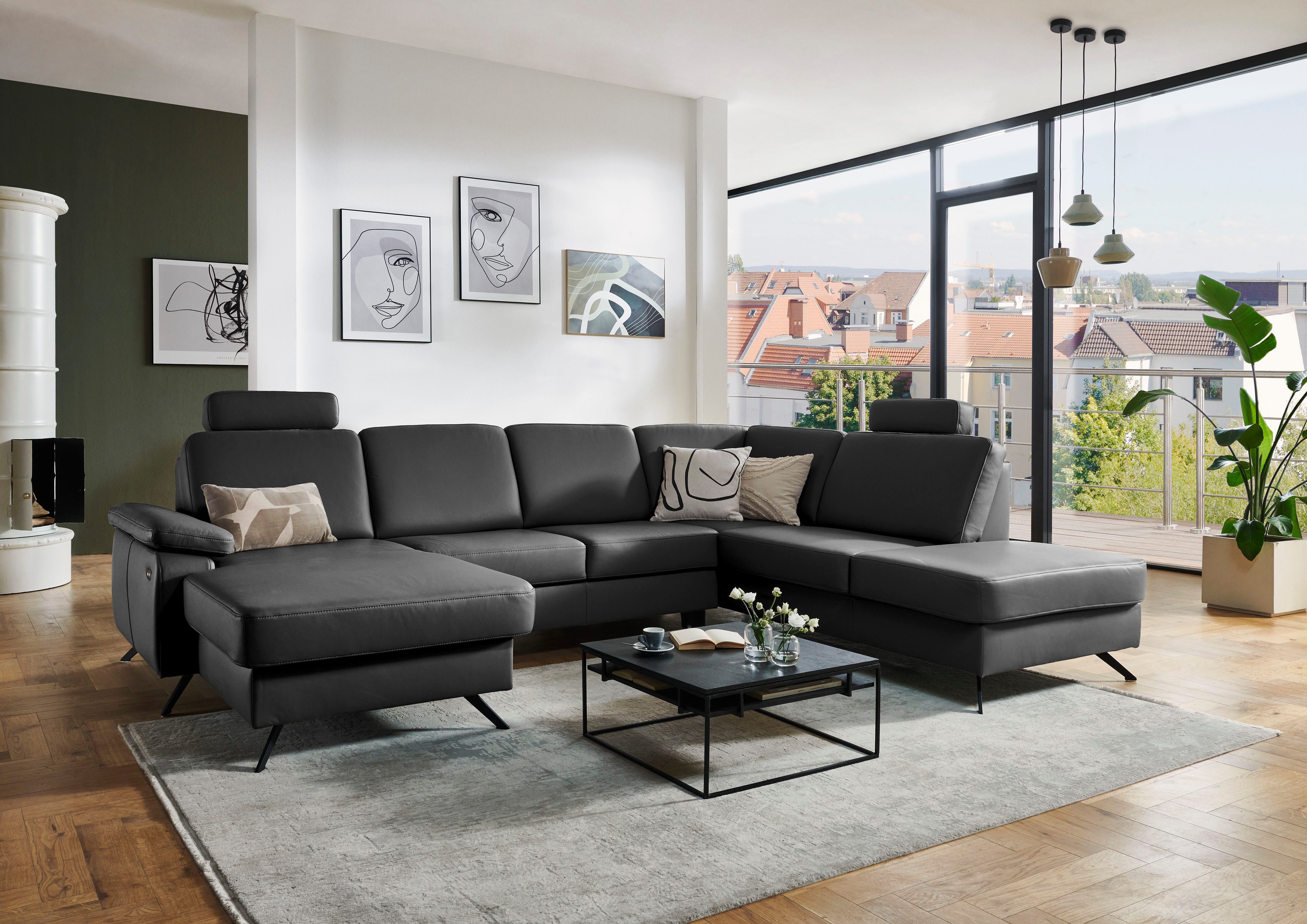 Die PlanBar Wohnlandschaft PN-EM15047 U-Form, mit Kopfstützen, Echtleder, wahlweise mit Bettfunktion u. Stauraum