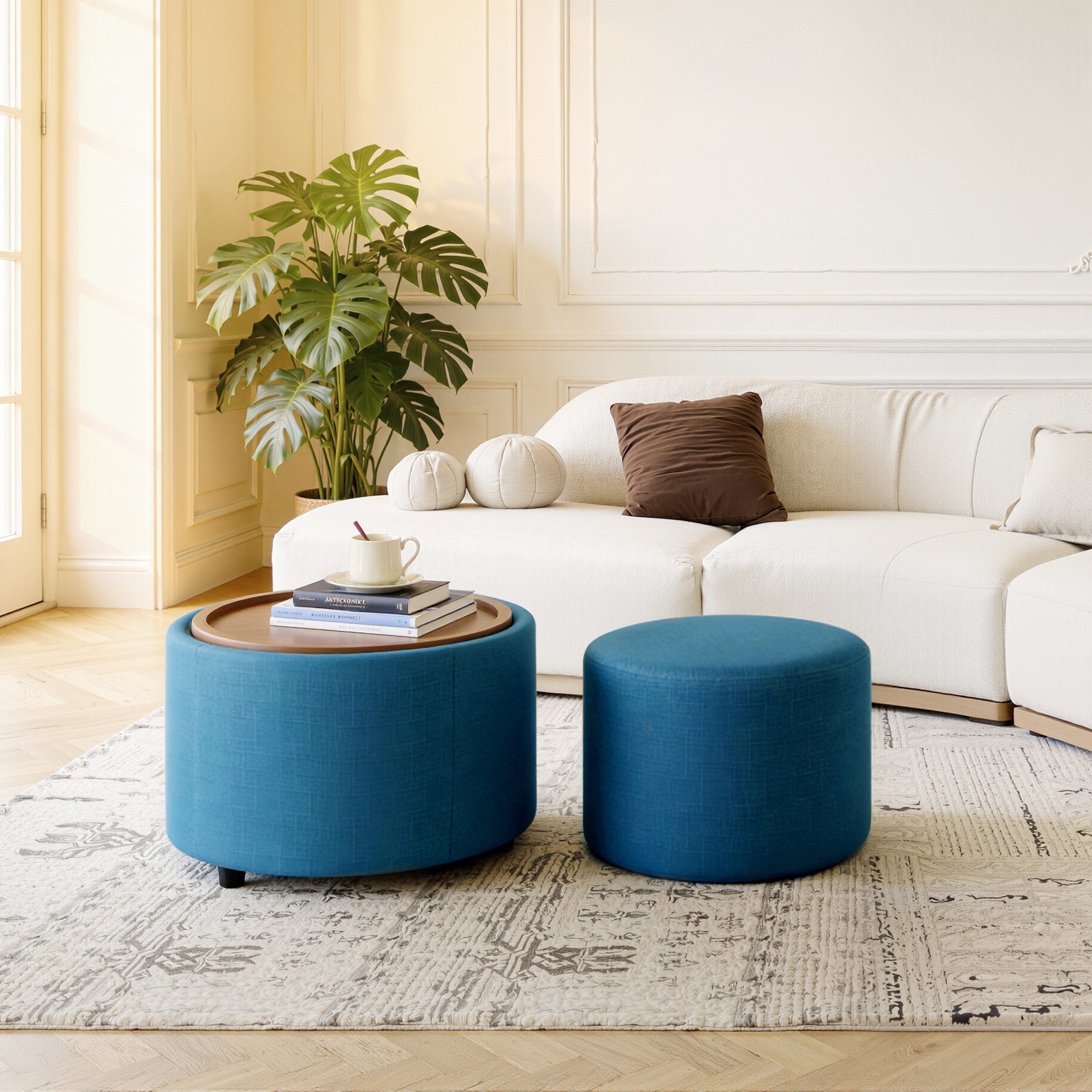 i@home Sitzhocker Nesting-Hocker aus Leinen mit Stauraum (Runder Fußhocker Holzablage & 4-in-1-Funktion), Wohnzimmer-Sitzhocker, Couchtisch, Aufbewahrung