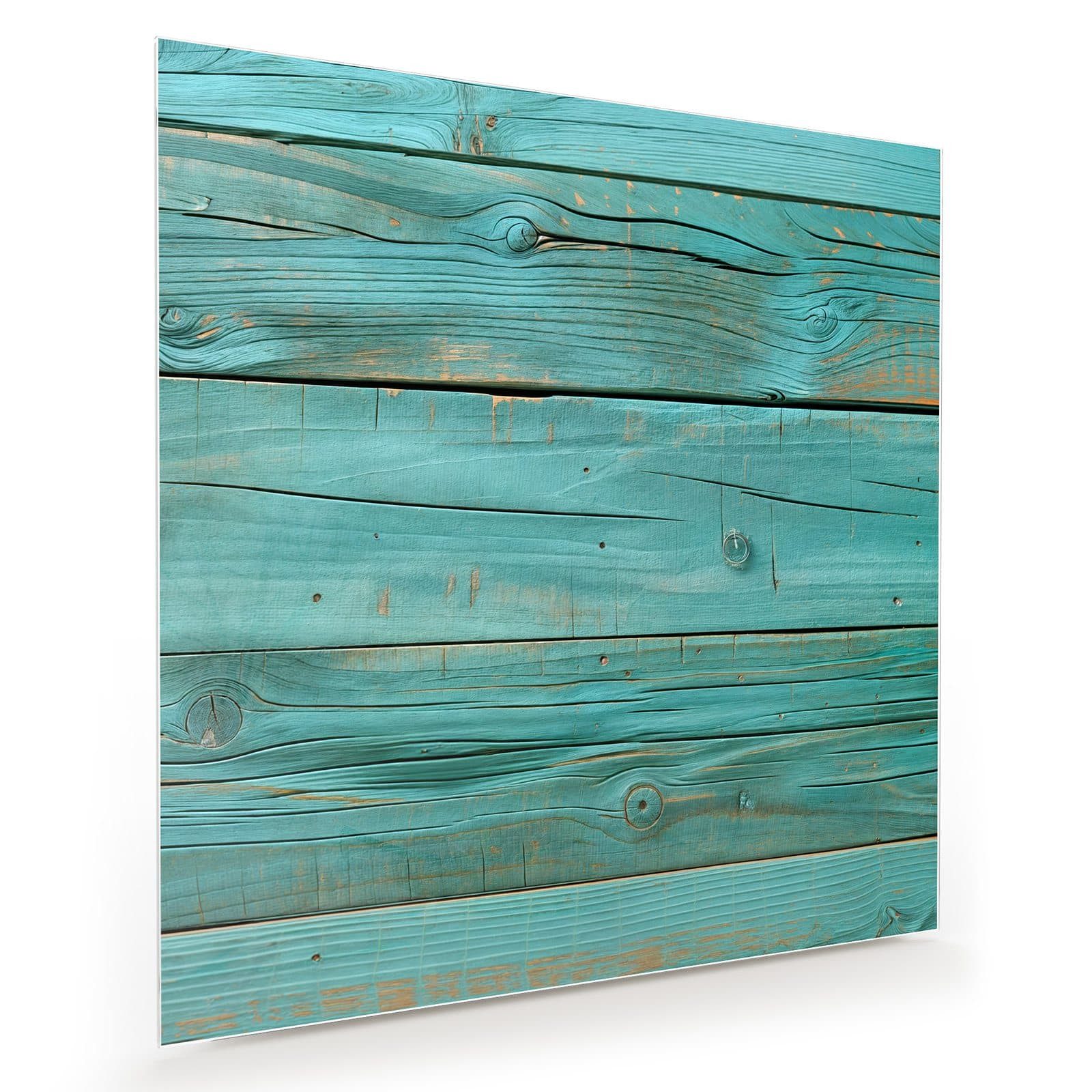 Primedeco Glasbild Wandbild Quadratisch Holzplanken Türkis mit Aufhängung, Holz (21 verschiedene Größen, 1 St), Elegante Aufhängung