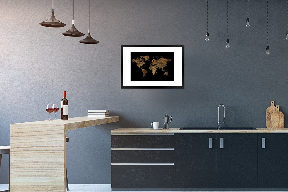Schwarzem Gold mit Weltkarte - Bilderrahmen - St), Gerahmtes (1 Rahmen, MuchoWow Luxus Poster Kunstdruck, Erde Poster, - - Schwarz,