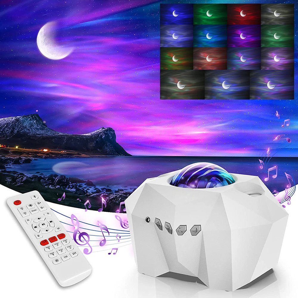 MUPOO Projektionslampe Aurora Stern-Mond LED Galaxieprojektor mit Fernbedienung,Bluetooth, Weiß, Wasserwellen Sternenprojektor, Dimmbar, Timer