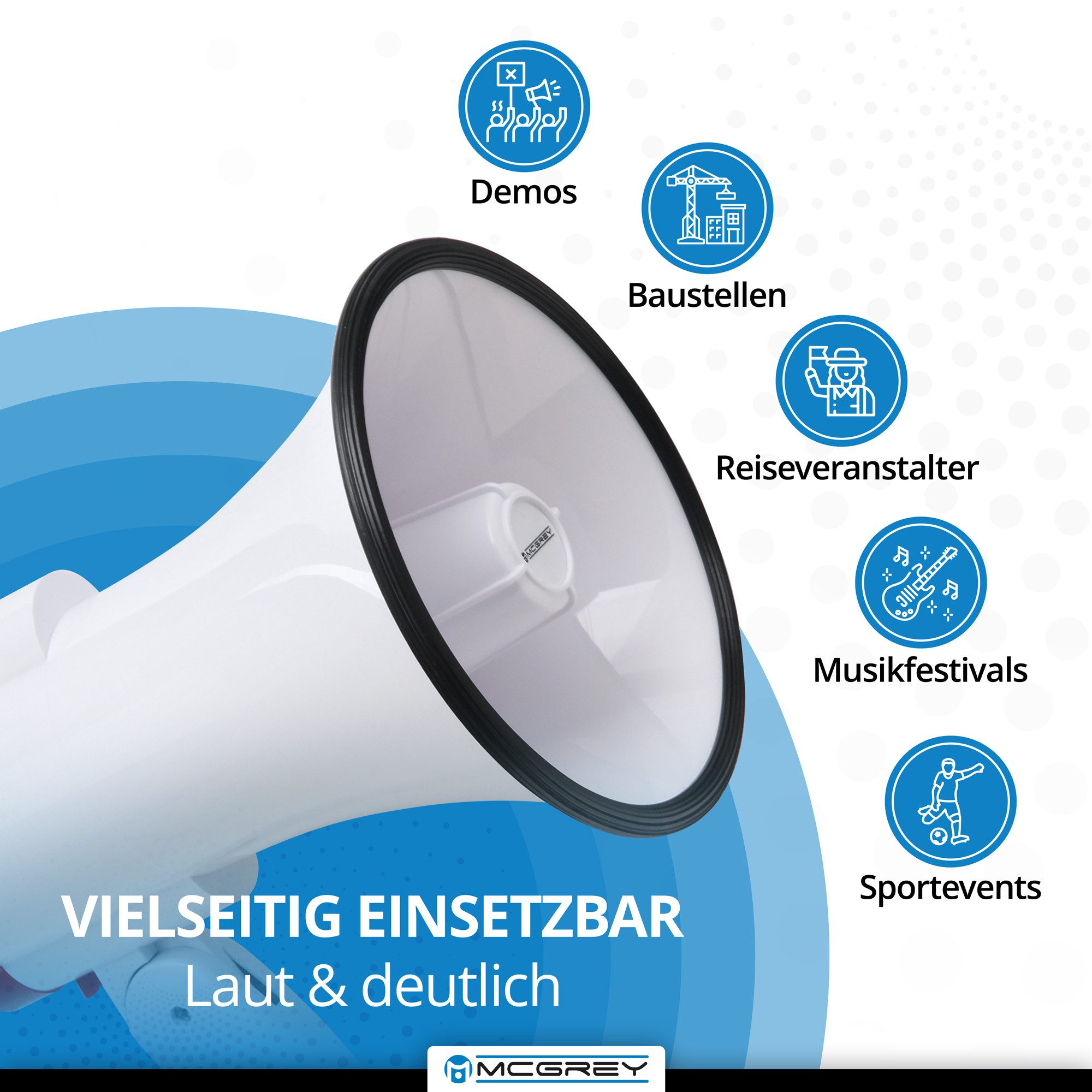 McGrey Megafon Megaphon - Lautsprecher Sprachrohr, 10 Watt RMS bis zu 500m Reichweite, robuste Bauweise, (MP-100RS, Inkl. Tragegurt), Aufnahme/Wiedergabe-Funktion und Sirene