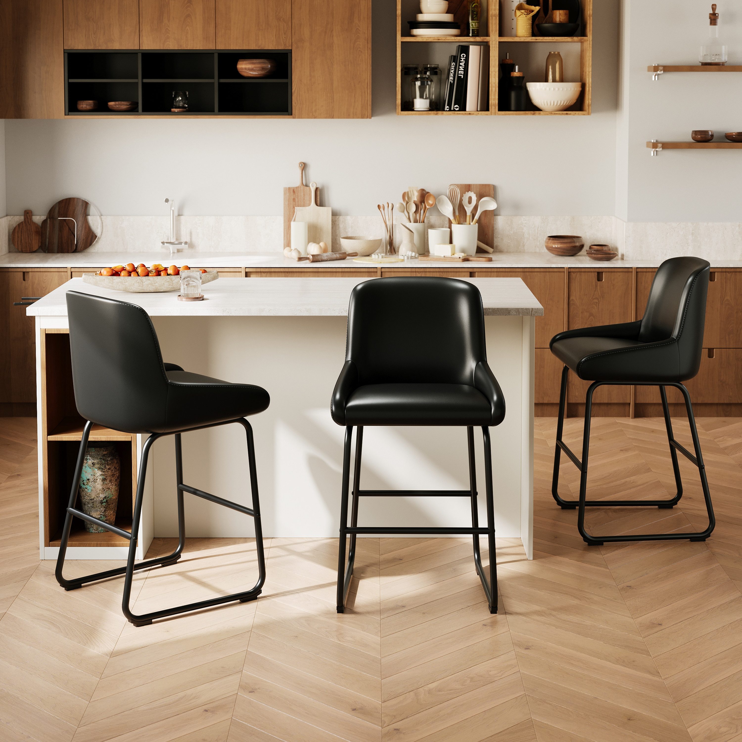 GarveeMore Barhocker mit Fußstütze, rutschfester Schutz, ergonomisches Design (4 St), Bezug aus PU-Leder, 45x55x90 cm, grau/schwarz