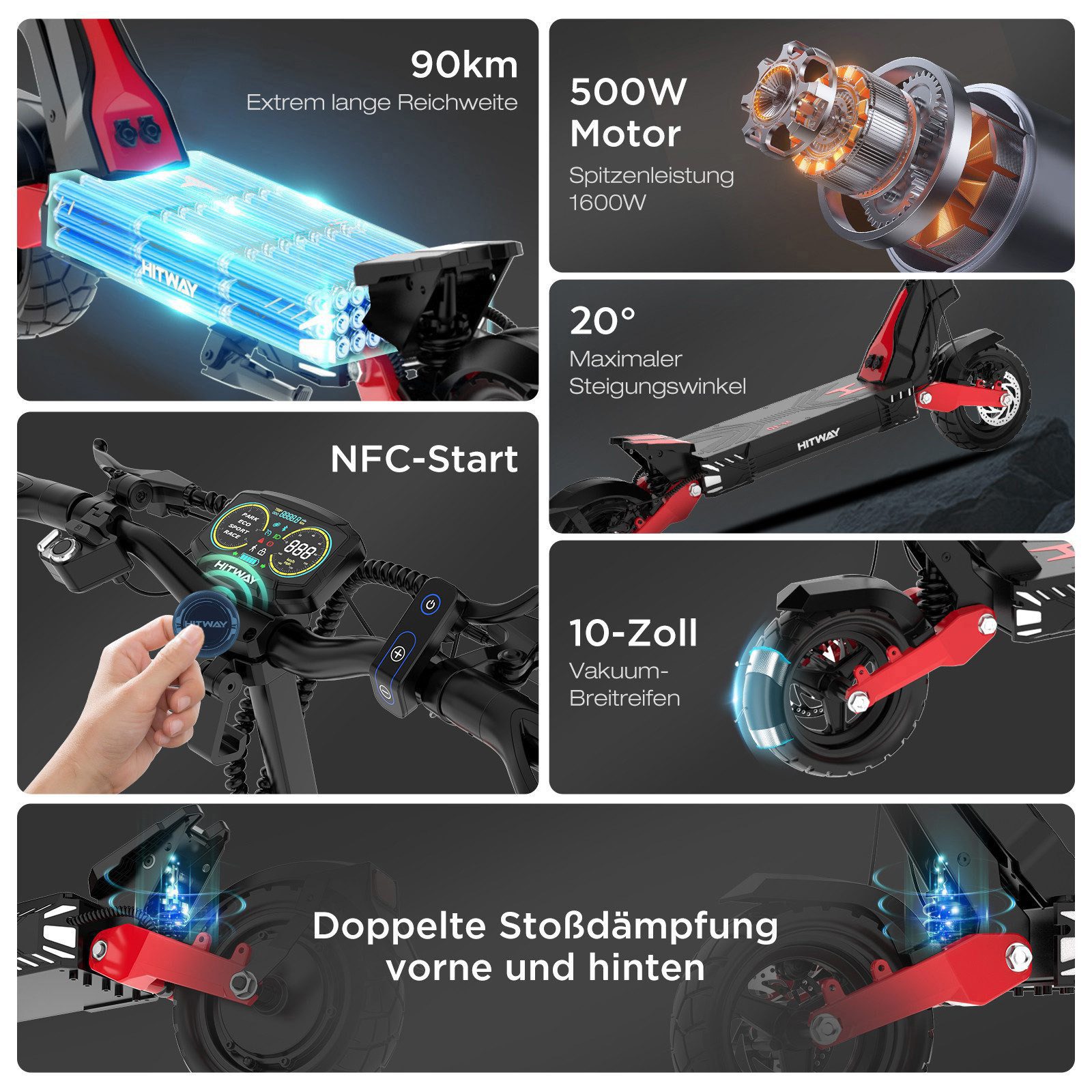 HITWAY E-Scooter H10 Elektroroller bis zu 90km/110km mit Straßenzulassung(ABE), 500 W, 20,00 km/h, (mit Schutzblech), doppelte Stoßdämpfung, Schnellladefunktion, NFC, faltbarer Roller