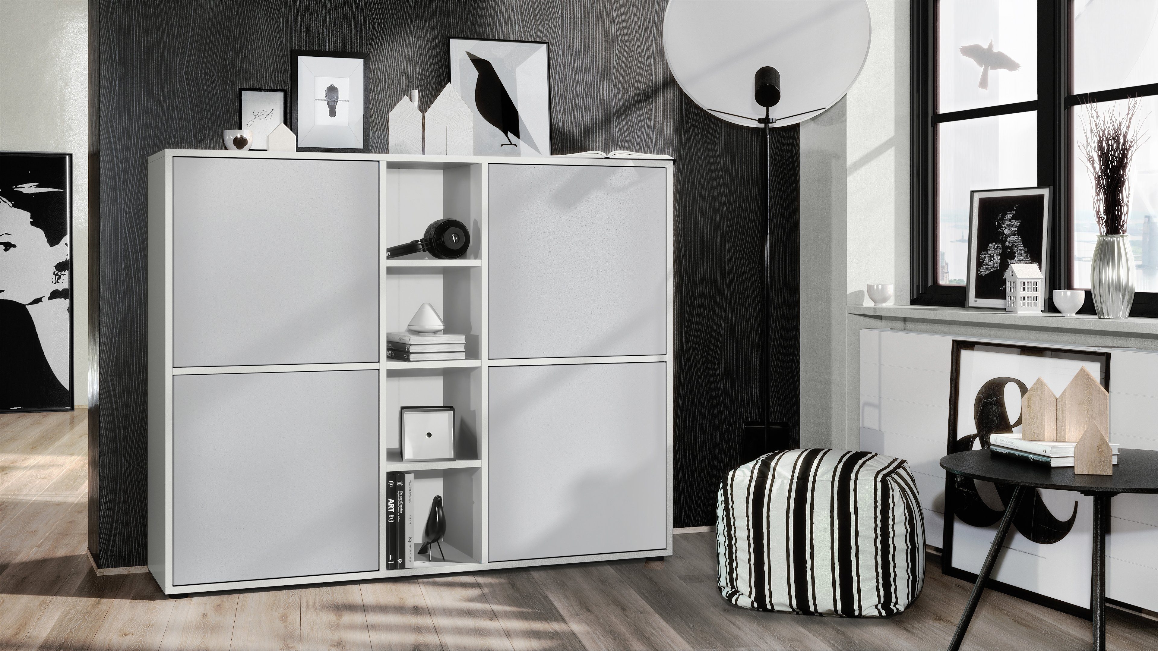 Vladon Highboard Cuba V3 (Highboard, Schrank Anrichte Cuba V3 mit 12 Fächern), Korpus in Weiß matt / in Hellgrau seidenmatt (130,5x105,5x35,5 cm)