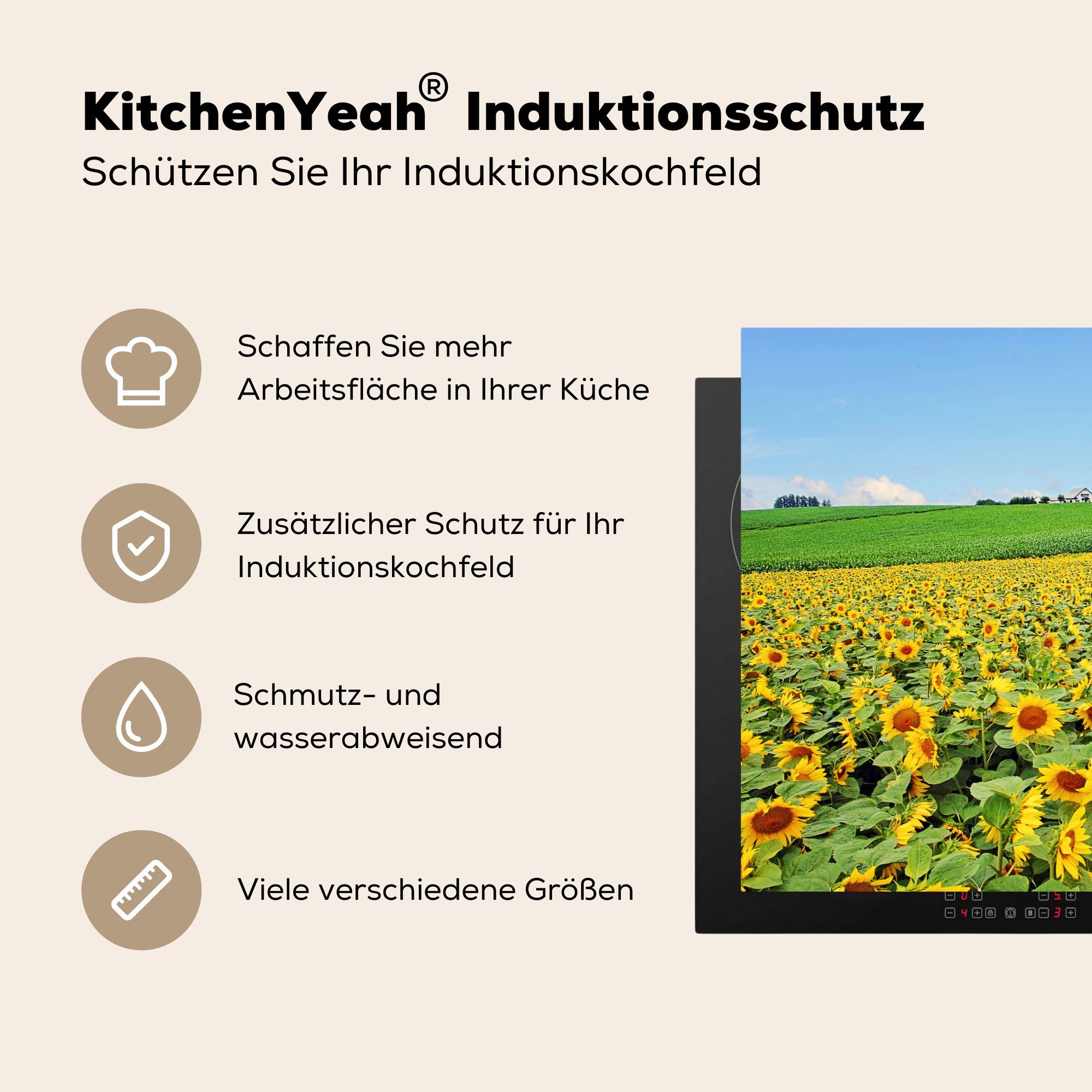 MuchoWow Herdblende-/Abdeckplatte Sonnenblumen, küche, Feld Schutz 81x52 Vinyl, für Ceranfeldabdeckung die (1 mit Induktionskochfeld allen tlg), cm