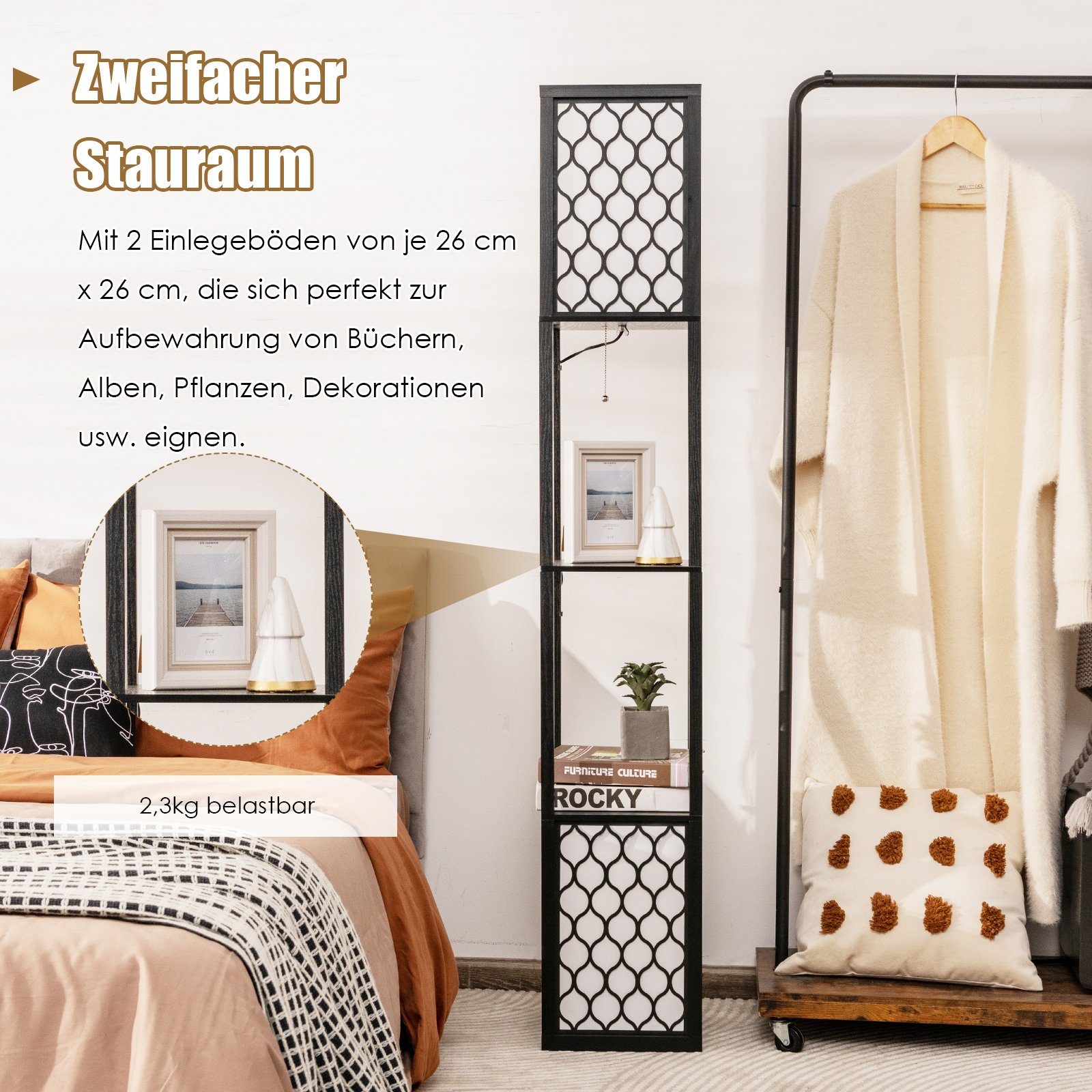 COSTWAY Stehlampe, Stehleuchte 156cm, mit Regal, Zugkette & Fußschalter