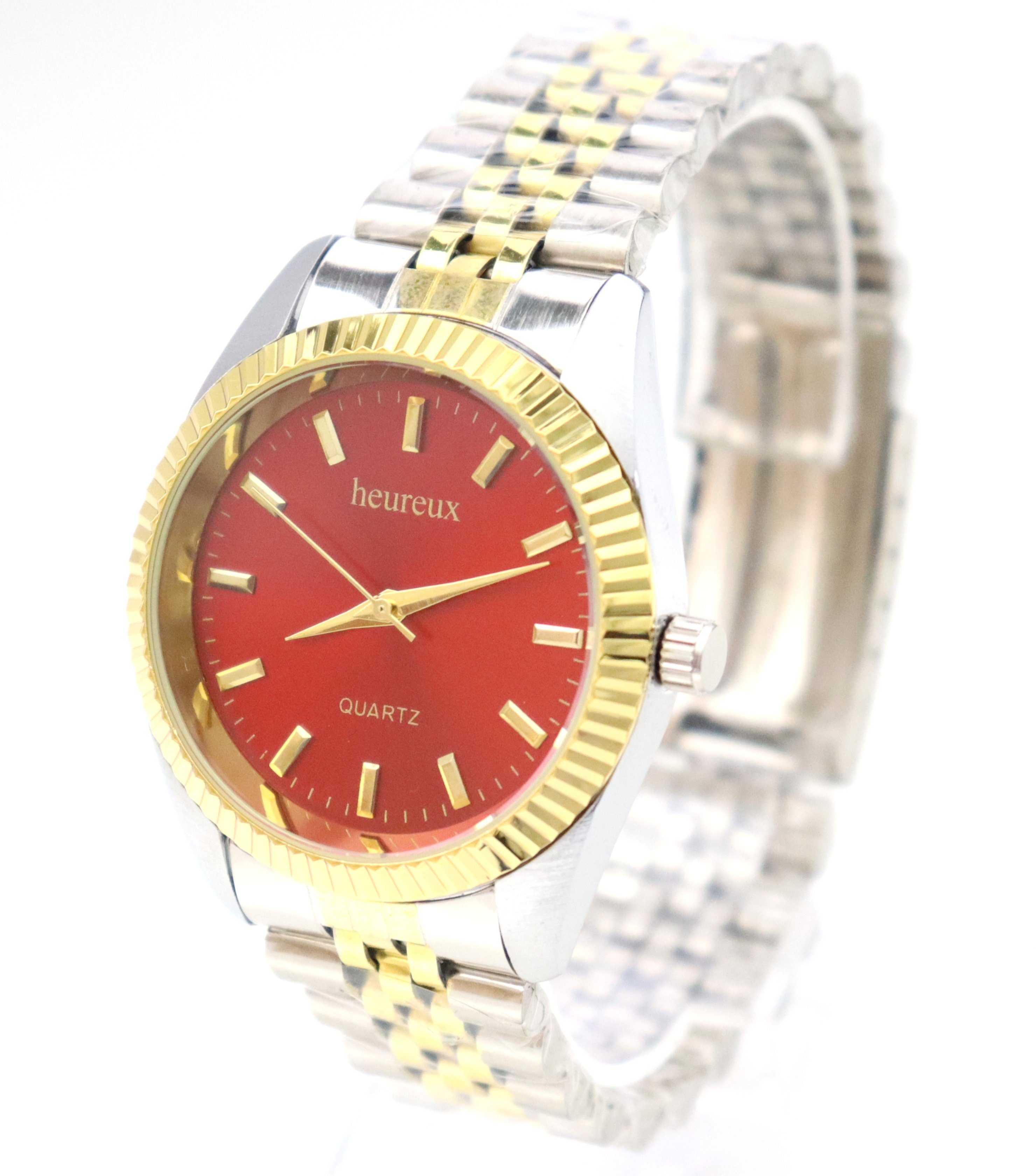 Rötting Design Quarzuhr Herrenuhr Quarz aus der Collection "heureux" goldfarbene Lünette, rotes Ziffernblatt