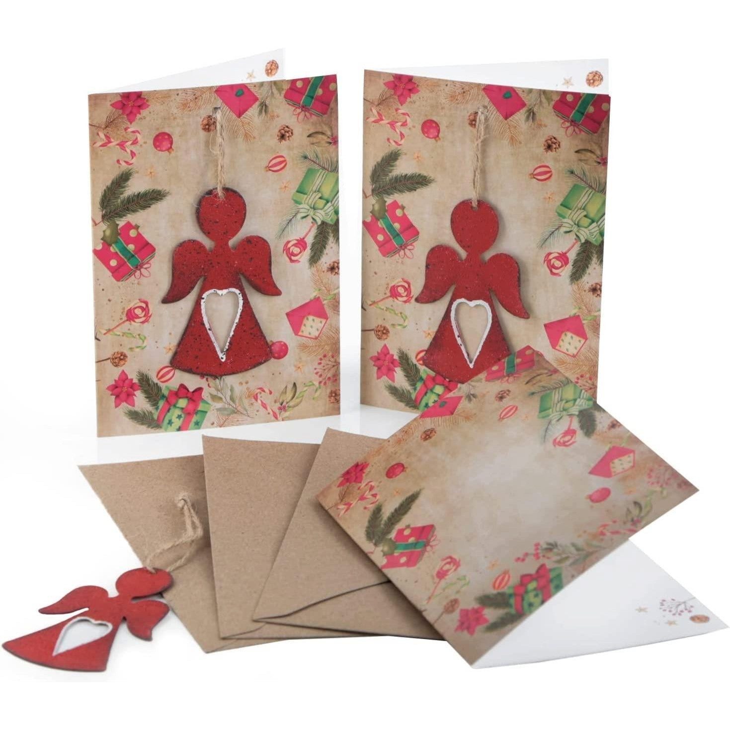 Logbuch-Verlag Klappkarte 3 vintage Weihnachtskarten DIN A6 mit Kuvert + Engel Anhänger