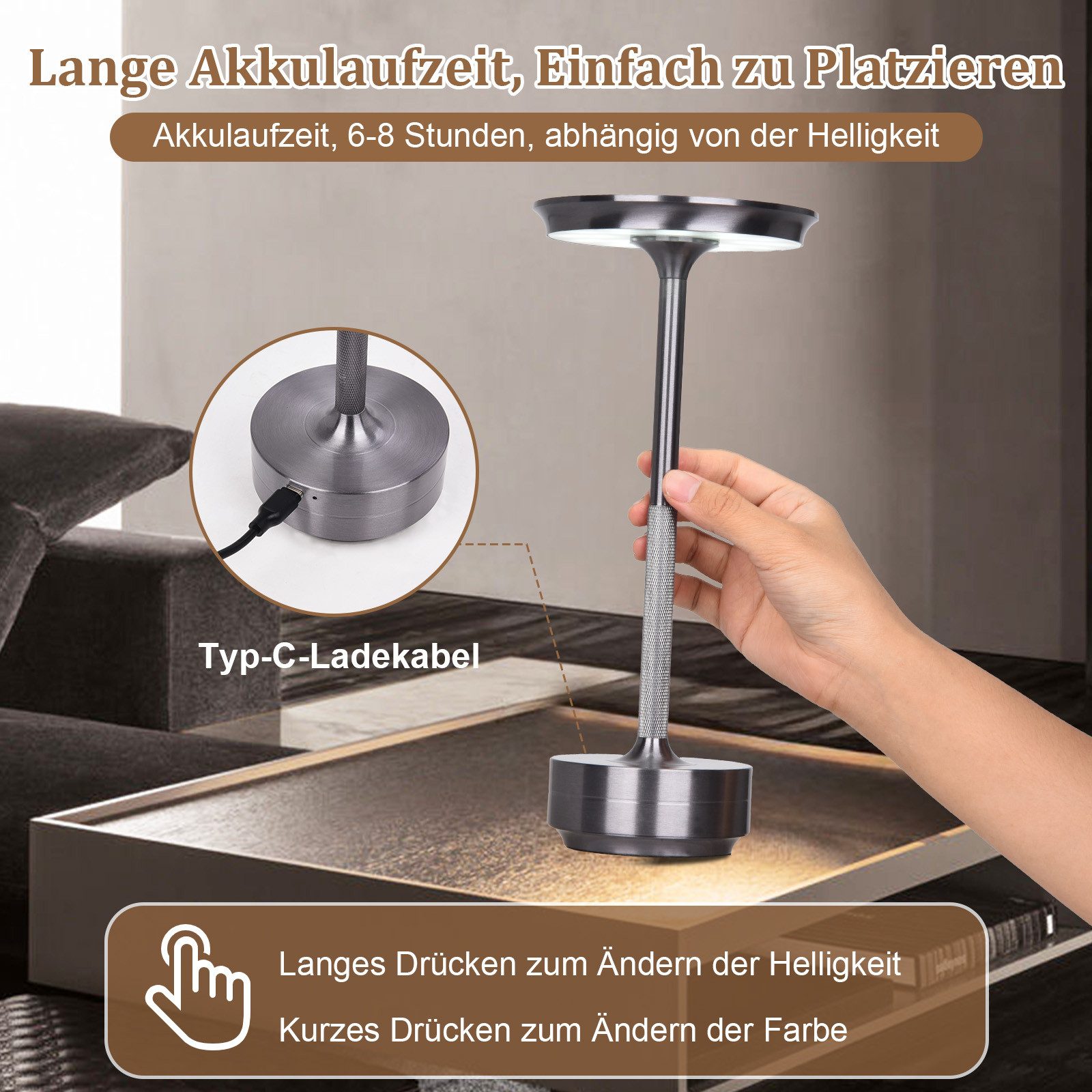Lapalife Nachttischlampe LED Tischlampe Kabellos Akku, Dimmbar, 3 Farbtemperatur, LED fest integriert, Grau Tischleuchte USB Aufladbar für Nachttisch Esstisch Schreibtisch