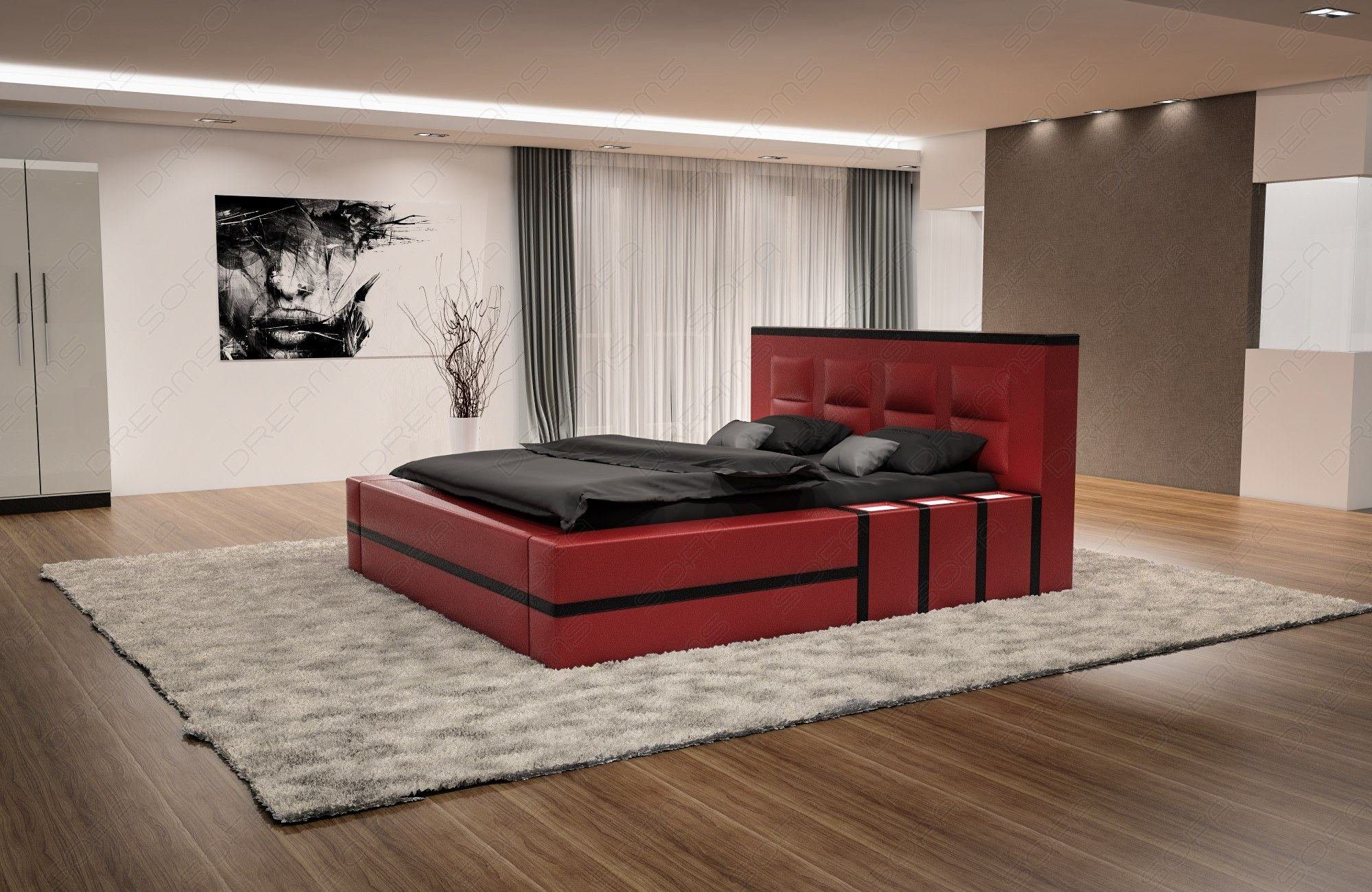 Sofa Dreams Boxspringbett Asti Bett LED LED rot-schwarz Beleuchtung Matratze, Kunstleder Premium mit Beleuchtung, Topper, mit mit mit Komplettbett