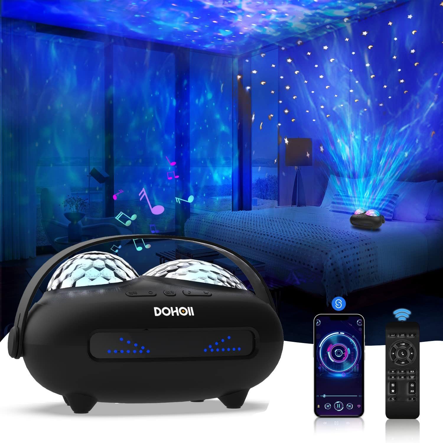 Daskoo LED Nachtlicht Kinder LED Sternenhimmel Projektor Galaxy, für Party, Geschenk, LED fest integriert, mit Fernbedienung/Bluetooth/Musikspieler/Dual-Projektionslinse Schwarz