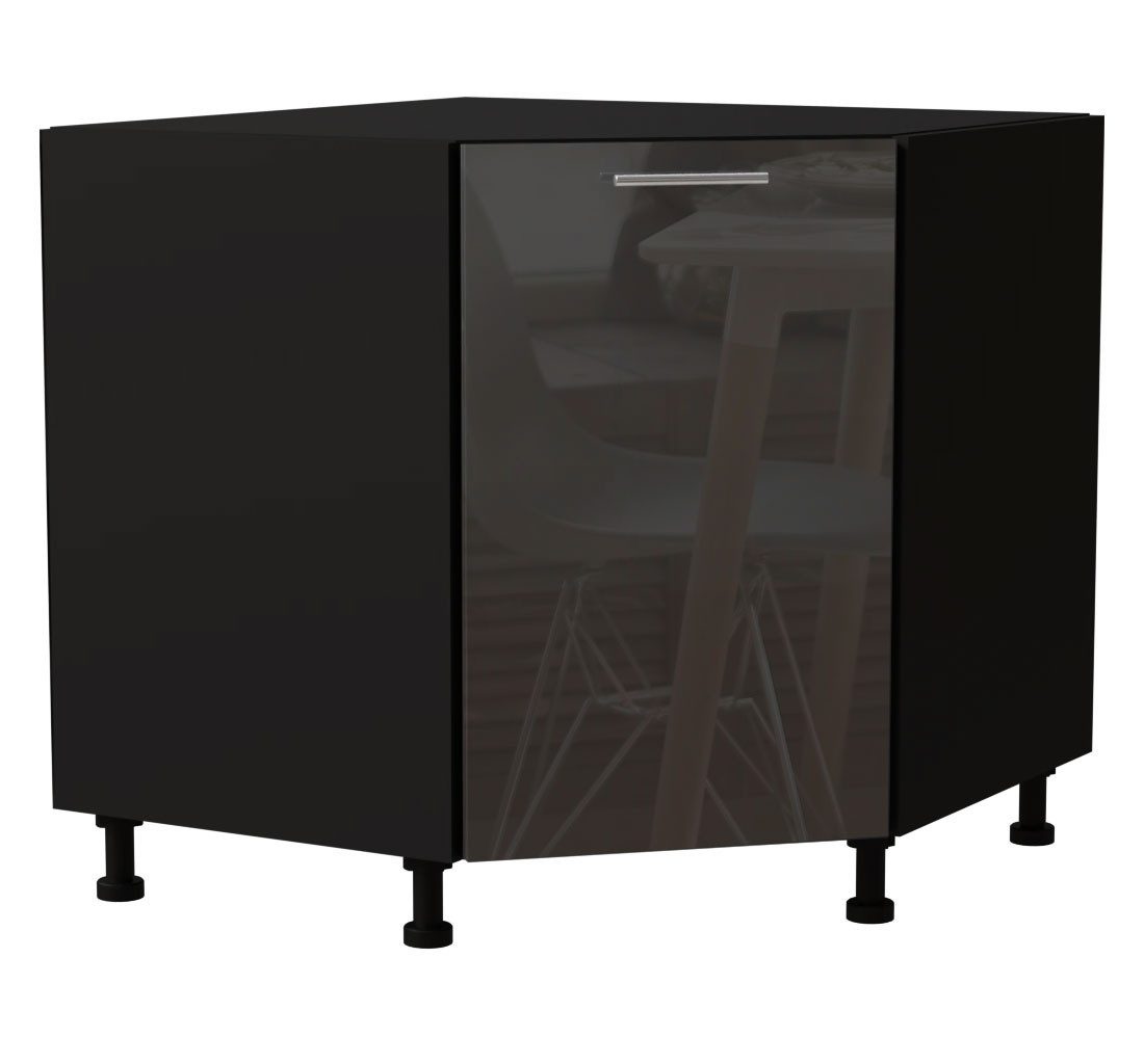 Feldmann-Wohnen Eckschrank Essen (D12R/90, 1 Tür, 1-St., moderne Optik, Acrylfronten mit Glaseffekt) 84x84cm Graphit Hochglanz, Schwarz Matt / mit Einlegeboden