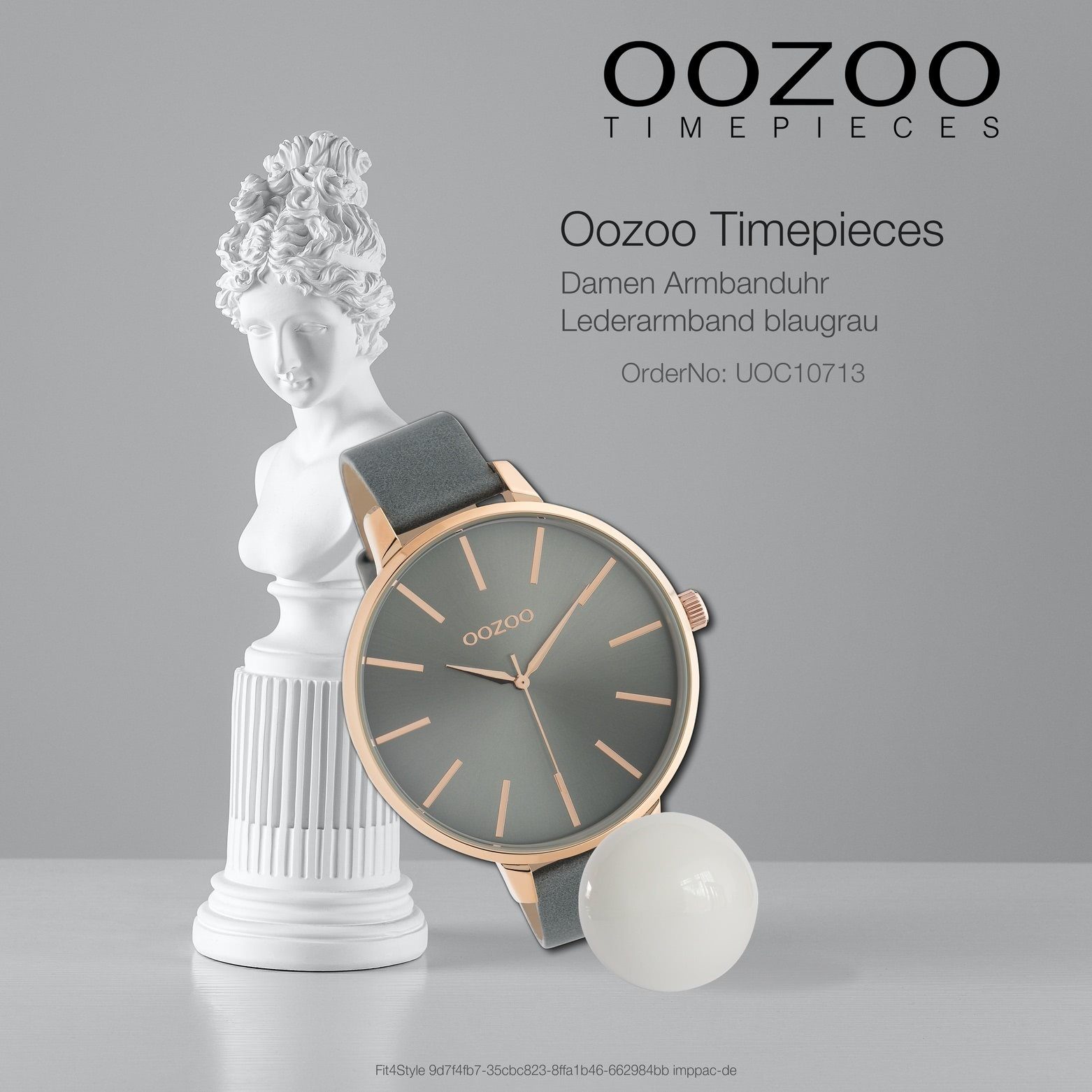 Oozoo blaugrau extra rund, Lederarmband, Damenuhr Quarzuhr (ca. groß Fashion-Style Analog, 48mm) Armbanduhr OOZOO Damen
