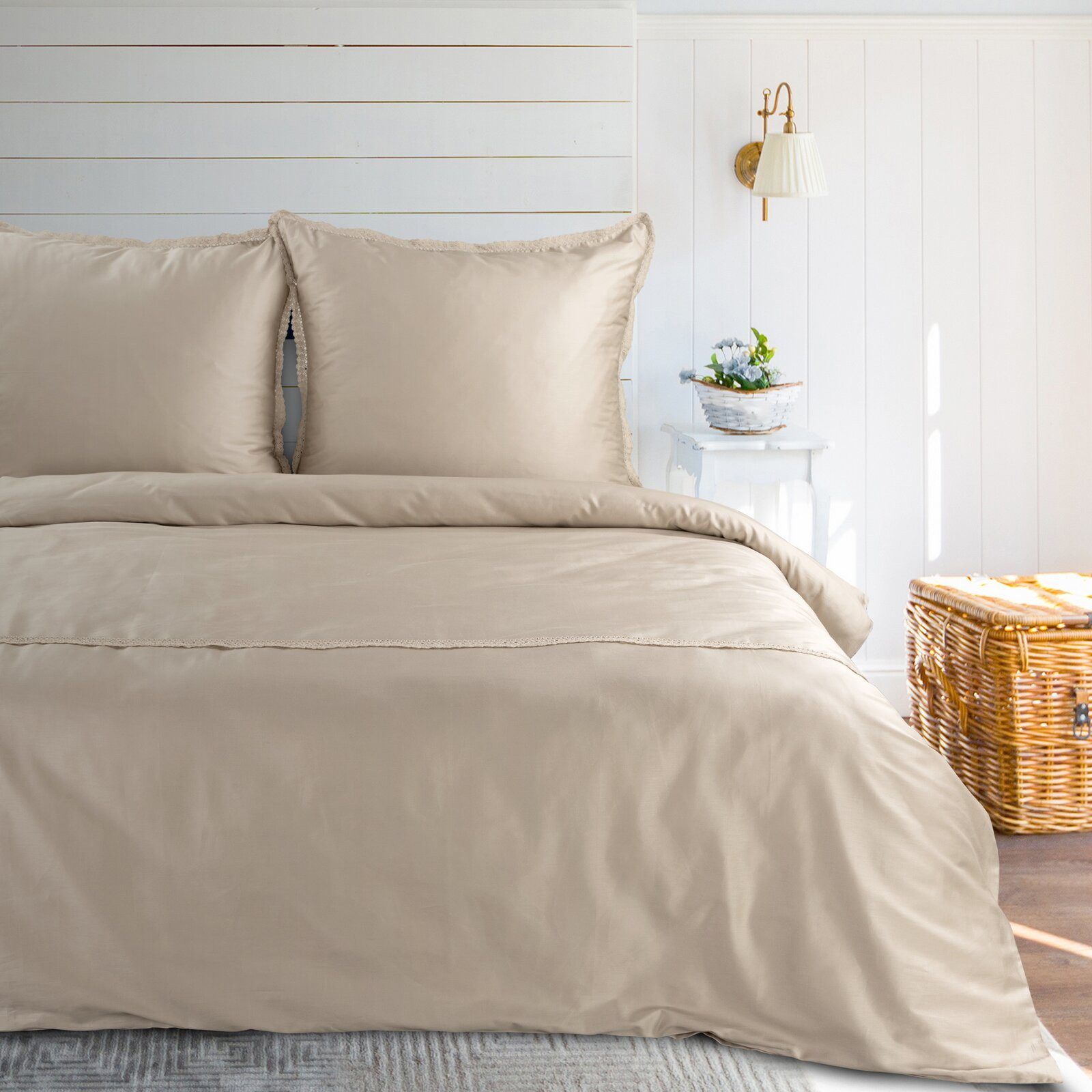 Eurofirany Bettwäsche Bettwäsche-Set aus Baumwollsatin mit Spitze, 100% Baumwolle, Hochwertige Bettwäschegarnitur Retro Stil 3 TLG Doppelbett