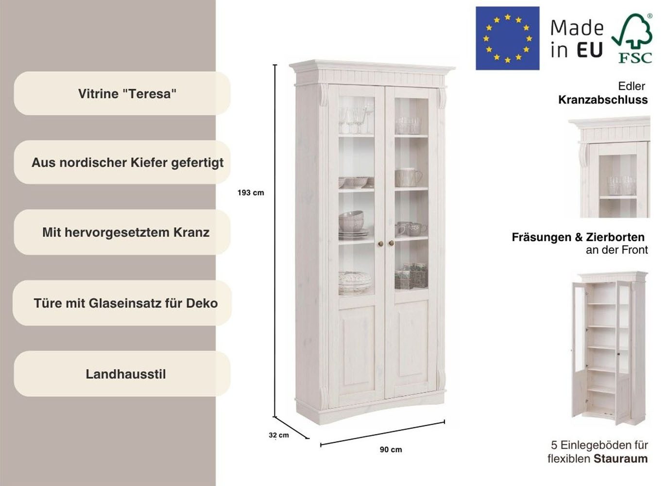 OTTO home Glasvitrine Teresa (Maße (B/T/H): ca. 90/32/193 cm) mit 2 Glastüren, Höhe 193 cm, aus massiver Kiefer, FSC®