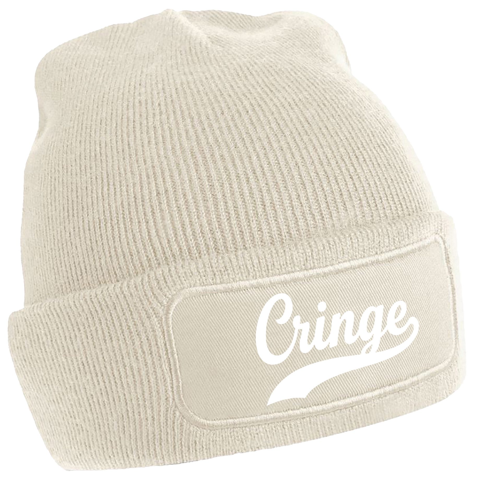 MyDesign24 Strickmütze Herren Damen Unisex Mütze - Cringe Print Weiche Wintermütze beige i942