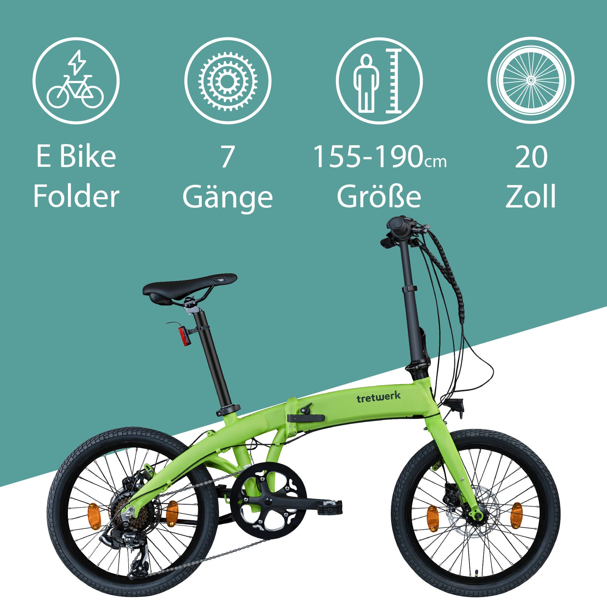 Tretwerk E-Bike Faltrad Akimbo Plus, 7 Gang Shimano Tourney Schaltwerk, Kettenschaltung, Heckmotor, 345 Wh, Pedelec, Elektrofahrrad für Damen und Herren