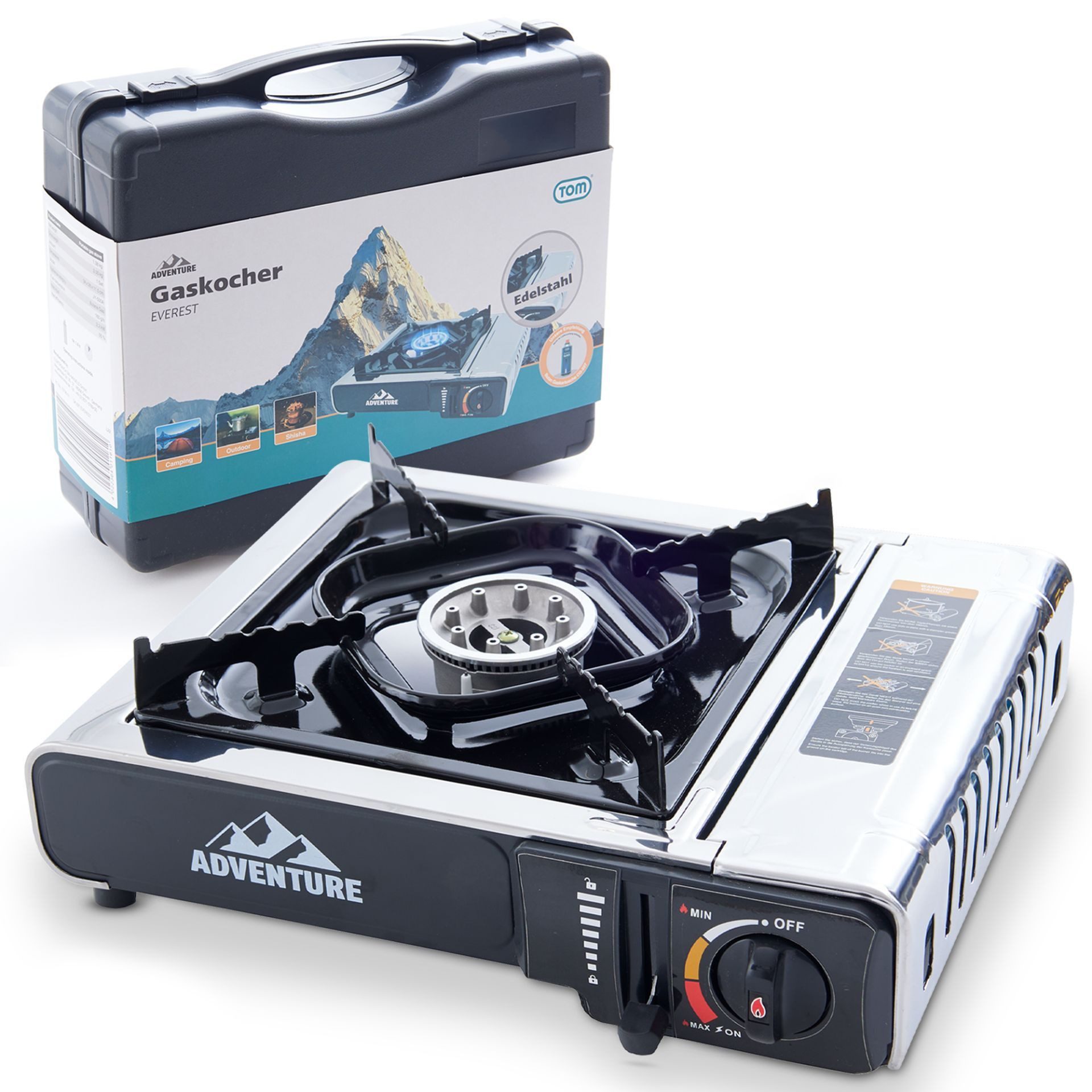 TOM Gaskocher Campingkocher Edelstahl mit 227g Gaskartuschen und Box 2,2kW, (1-St), Piezozündung, Stufenlos Regulierbar, verschiedene Sets