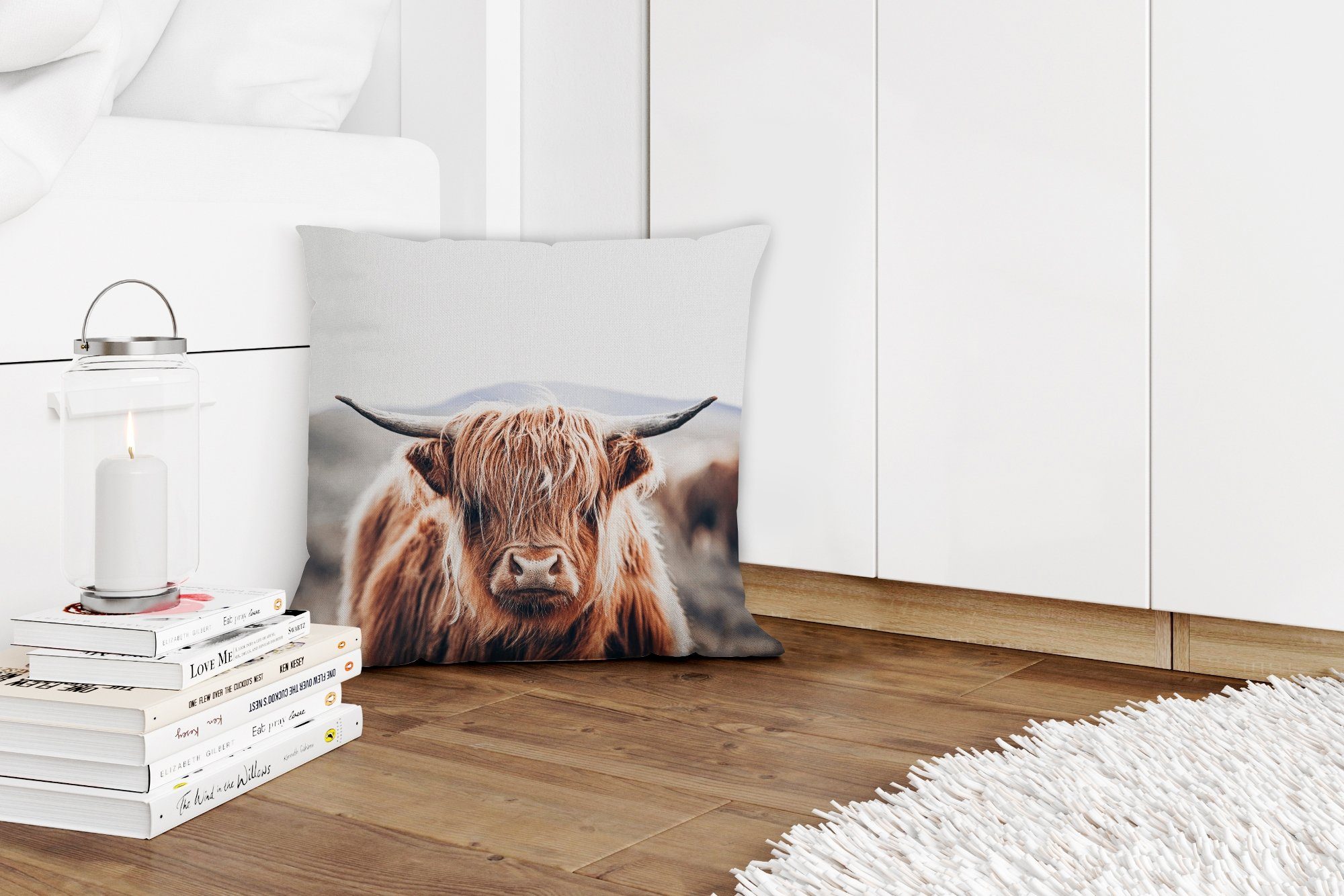 Zierkissen Highlander Dekokissen Sofakissen Füllung Hoorn, mit MuchoWow Schottischer - Schlafzimmer, Deko, Wohzimmer, für - Berg