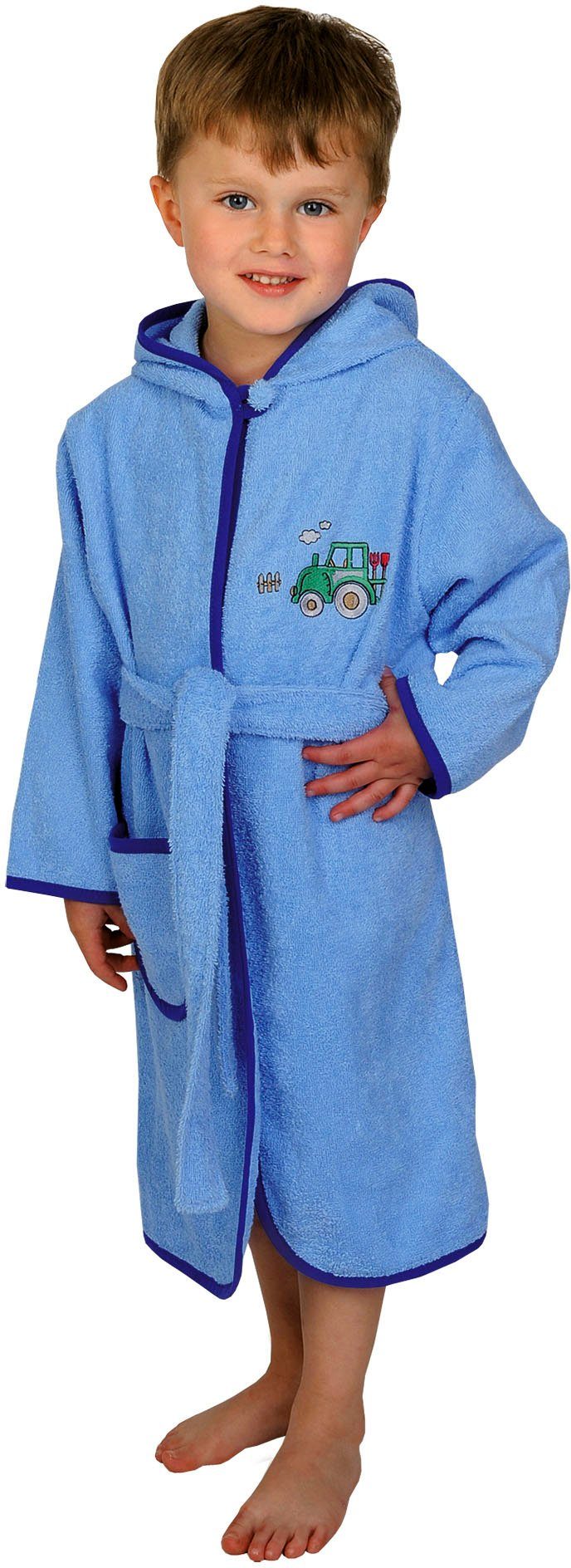 Kinderbademantel Traktor hellblau