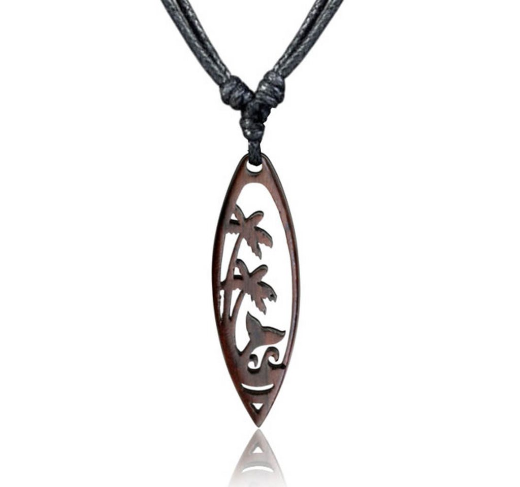 viva-adorno Kette mit Anhänger Halskette mit Holzanhänger im Surfbrett Design 4 Motive, verstellbare Baumwollkette 40–80 cm Welle Palme Mandala Spirale