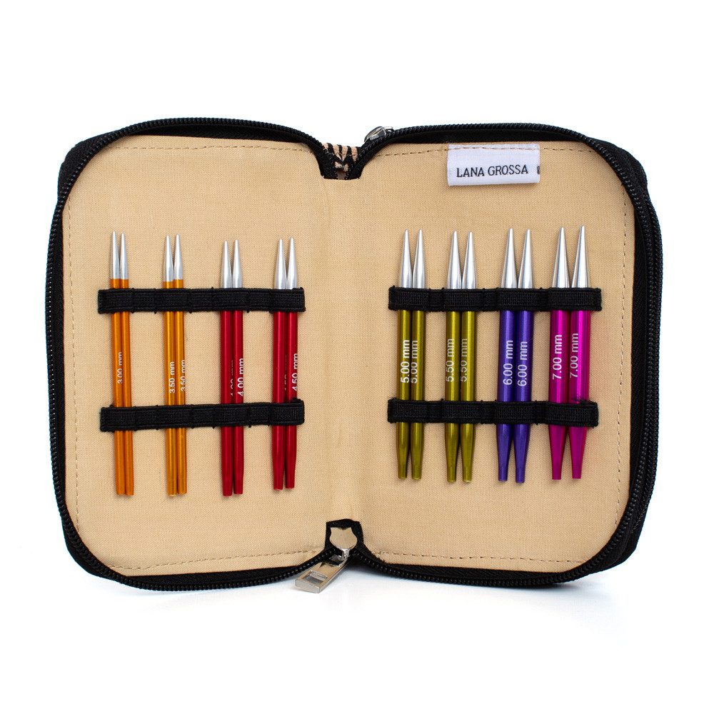 LANA GROSSA Rundstricknadeln Rundstricknadel-Set (kurz) Aluminium Rainbow 3 - 7 mm, Stricknadelset mit acht Nadelspitzenpaaren aus Aluminium 3,0 - 7,0 mm