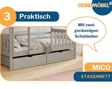 Deine Möbel 24 Etagenbett Hochbett Kinderbett MICO für 2 Kinder 90x200 GRAU aus Massivholz (Matratzen optional, Bett mit Lattenrost, 2 Schubladen, Leiter und Rausfallschutz), aus Vollholz Kiefernholz, in 2 Einzelbetten umbaubar