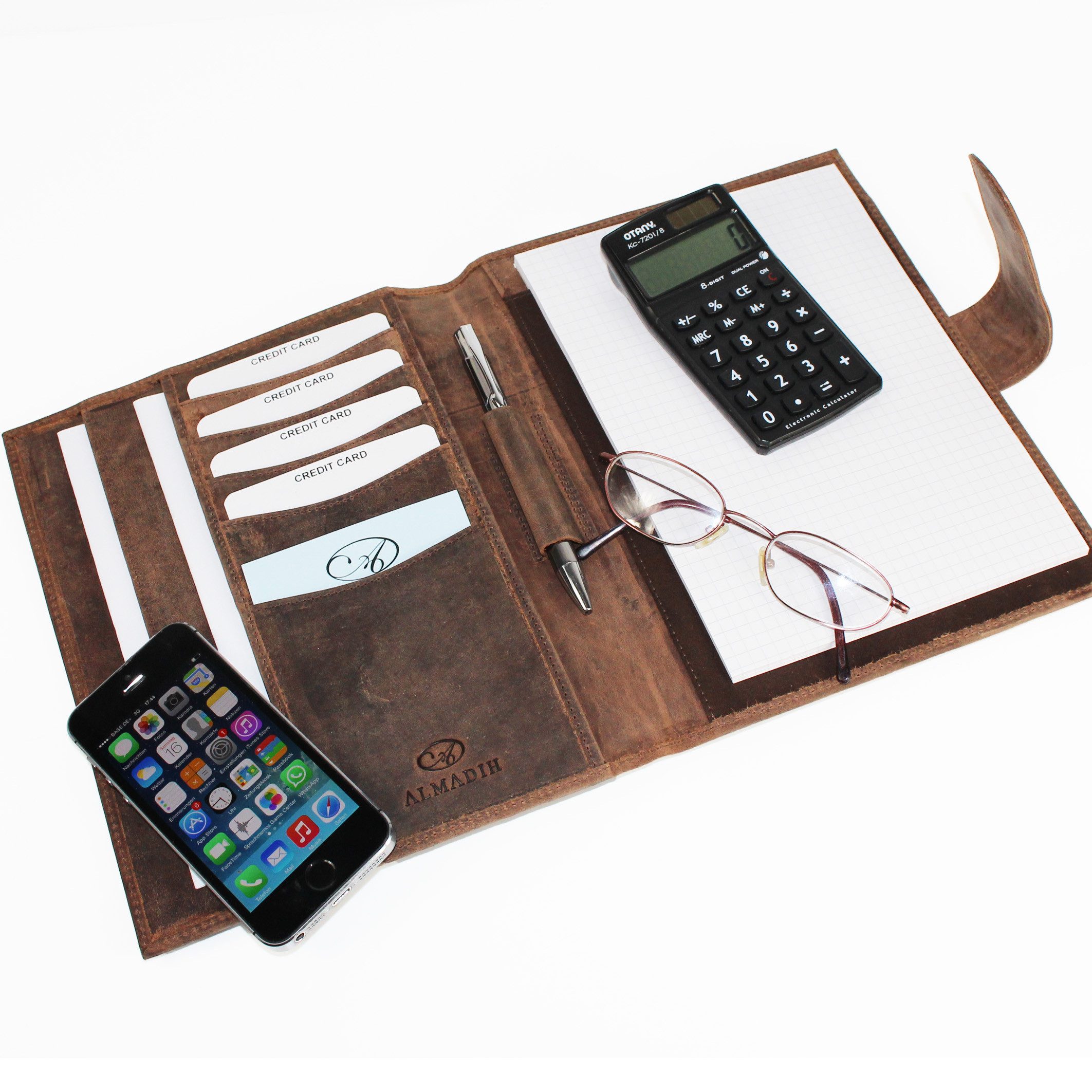 ALMADIH Konferenzmappe Ledermappe A5 Schreibmappe Leder Organizer Terminplaner braun, schwarz