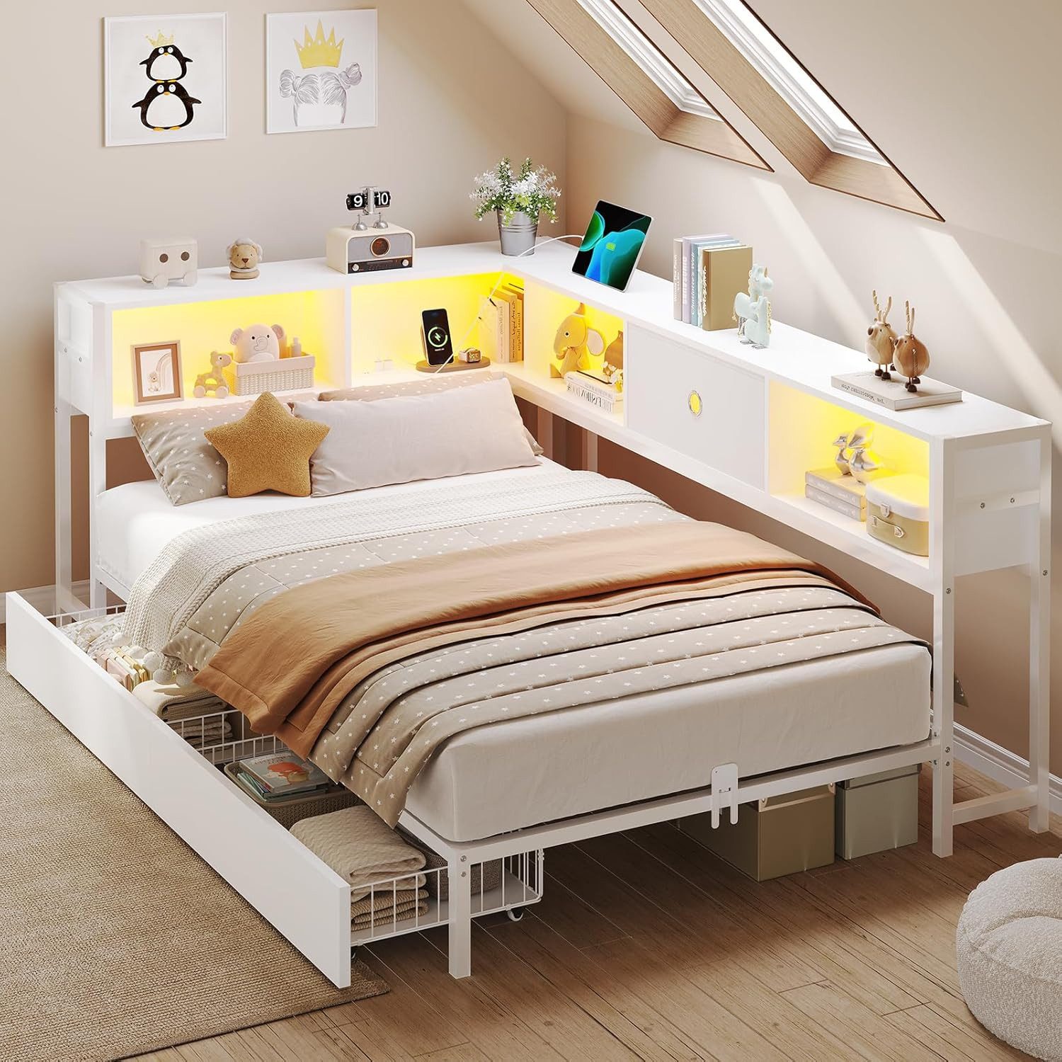MSMASK Daybett L-Form Schlafsofa mit LED-Beleuchtung und Steckdose, Kinderbett (1 tlg), Jugendbett mit Metallrost, 90x200cm, Weiß – Bild 3 von 5