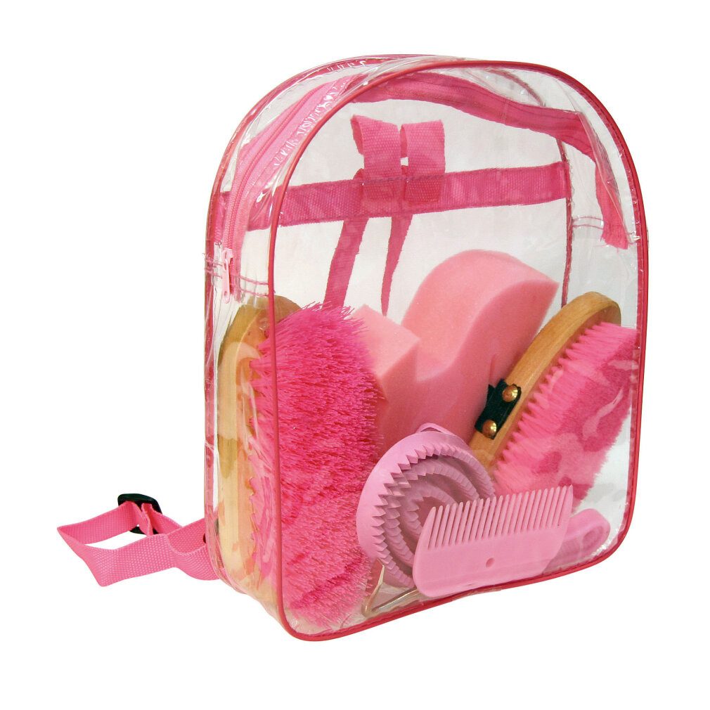 Kerbl Pet Pferdebürste Putzset mit 7 Produkten in transparentem Rucksack Rosa