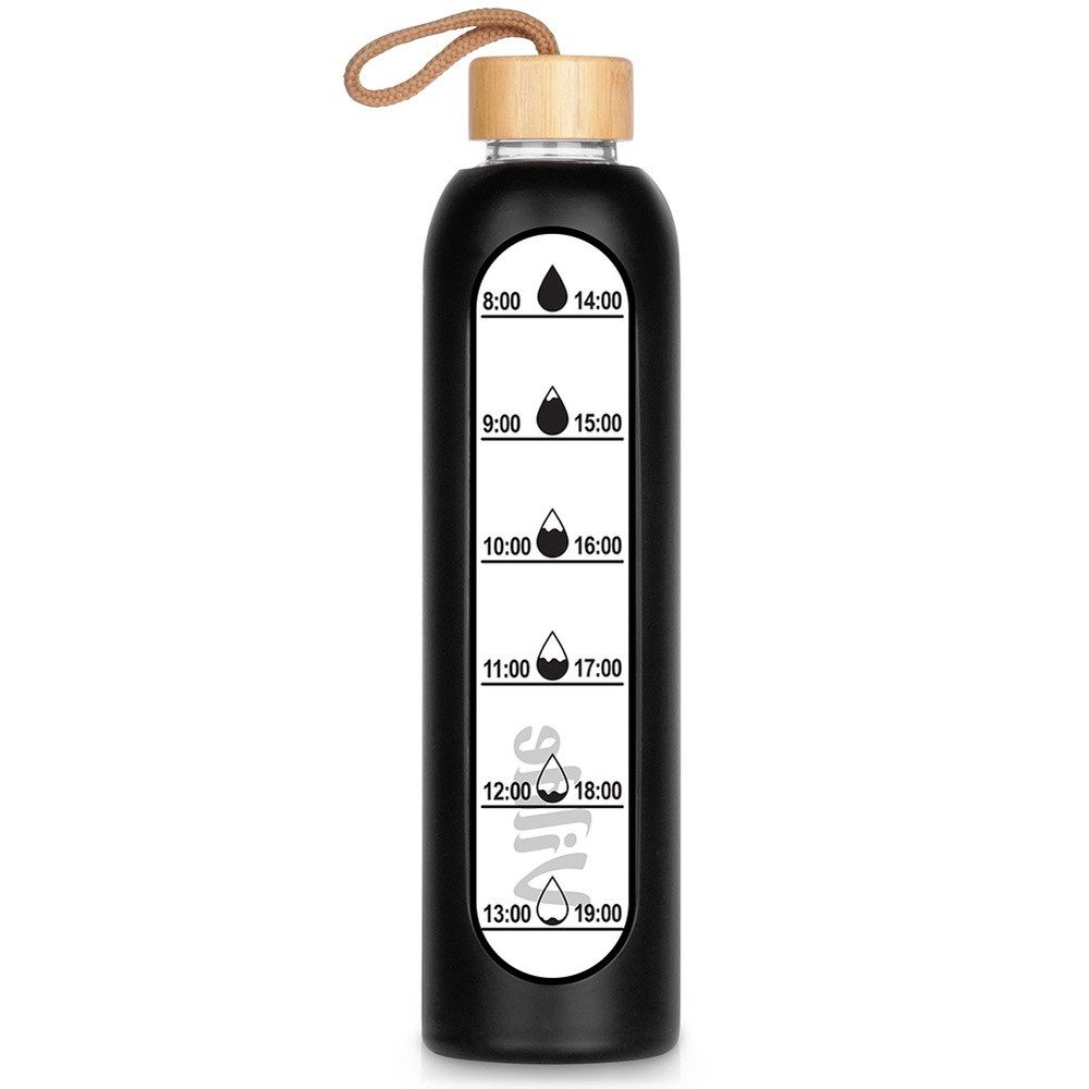 Vilde Trinkflasche 1L mit Silikonhülle, Bambusdeckel aus Borosilikatglas, mit Trinkmengenanzeige, rutschfest, bruchfest